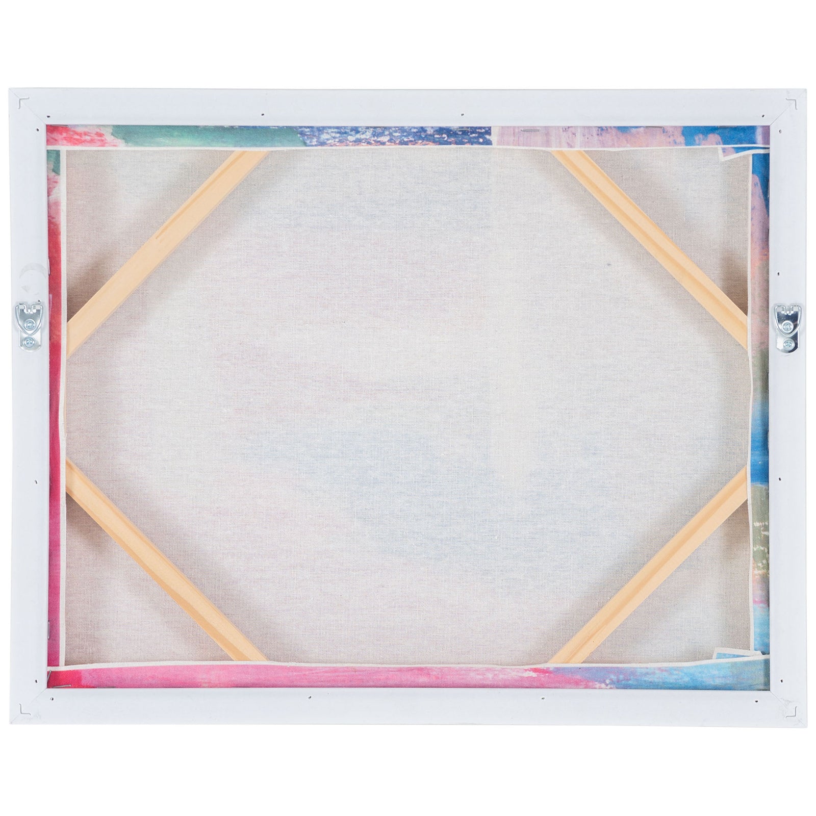 Stretched linen canvas has wooden corner braces and metal hangers. || WLA2074A || back_studio