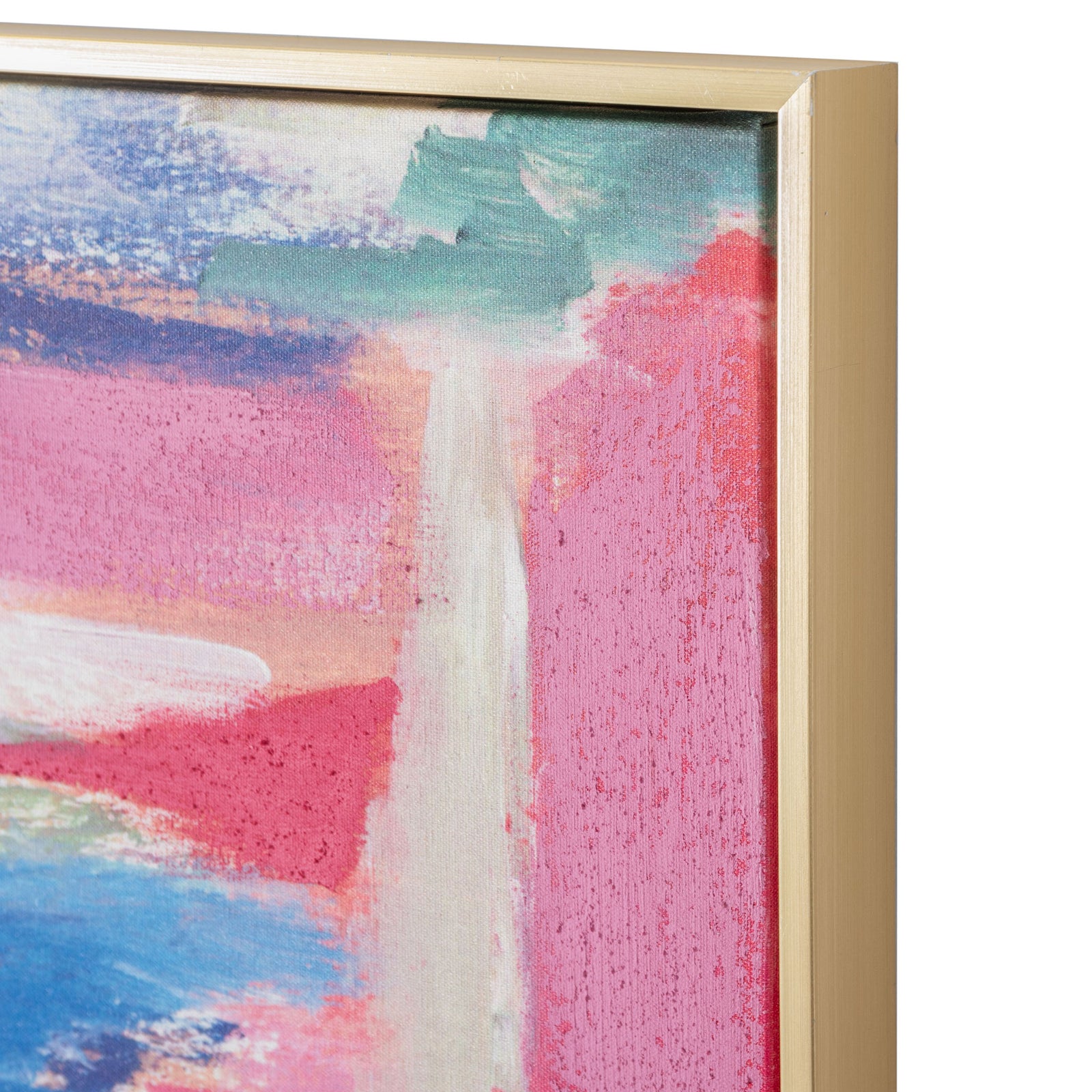 Fine canvas texture and vivid pink, blue, and teal strokes meet a slim gold frame. || WLA2074A || detail_studio