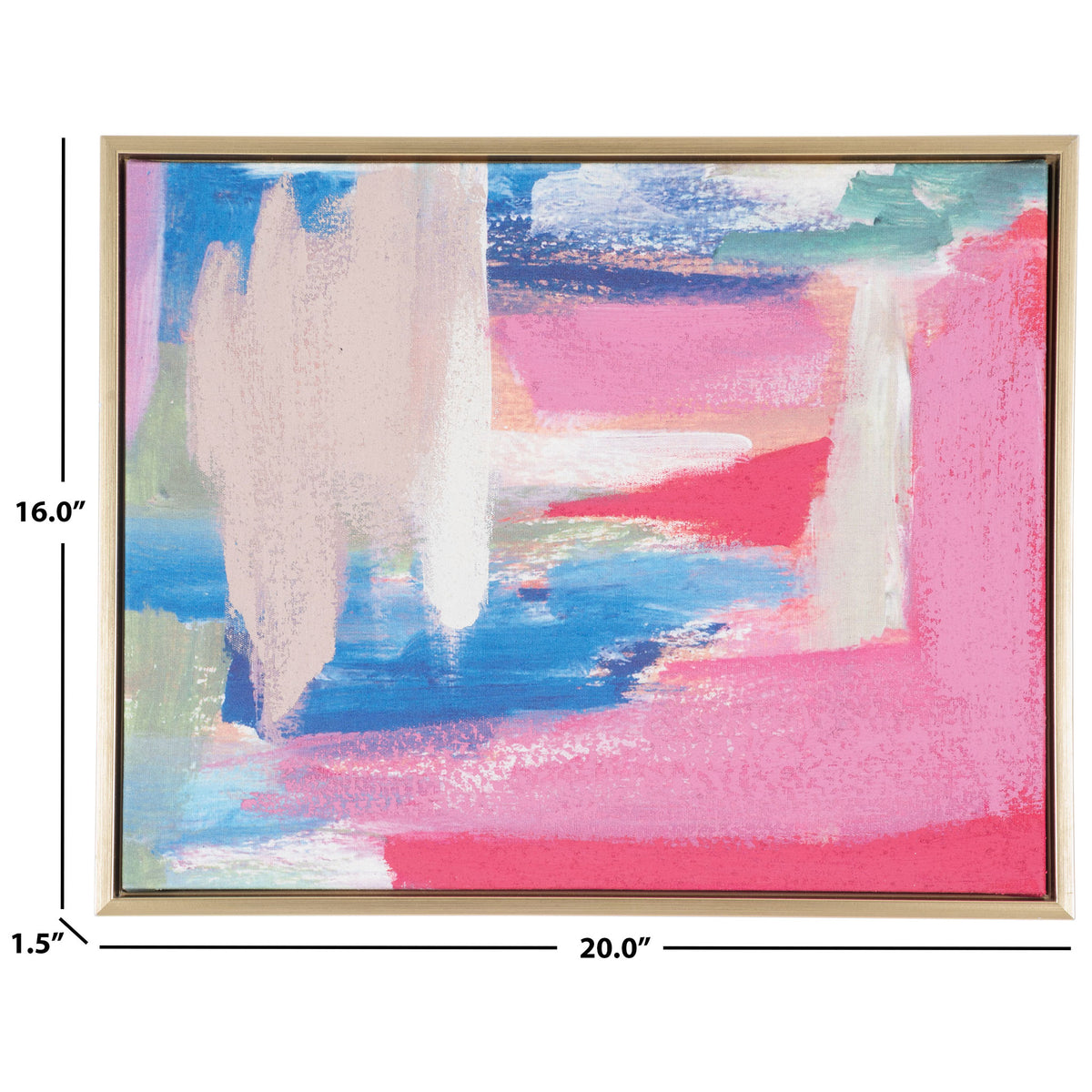 The 20-by-16-inch abstract canvas features bright pink and blue hues in a slim gold frame. || WLA2074A || dimension_studio
