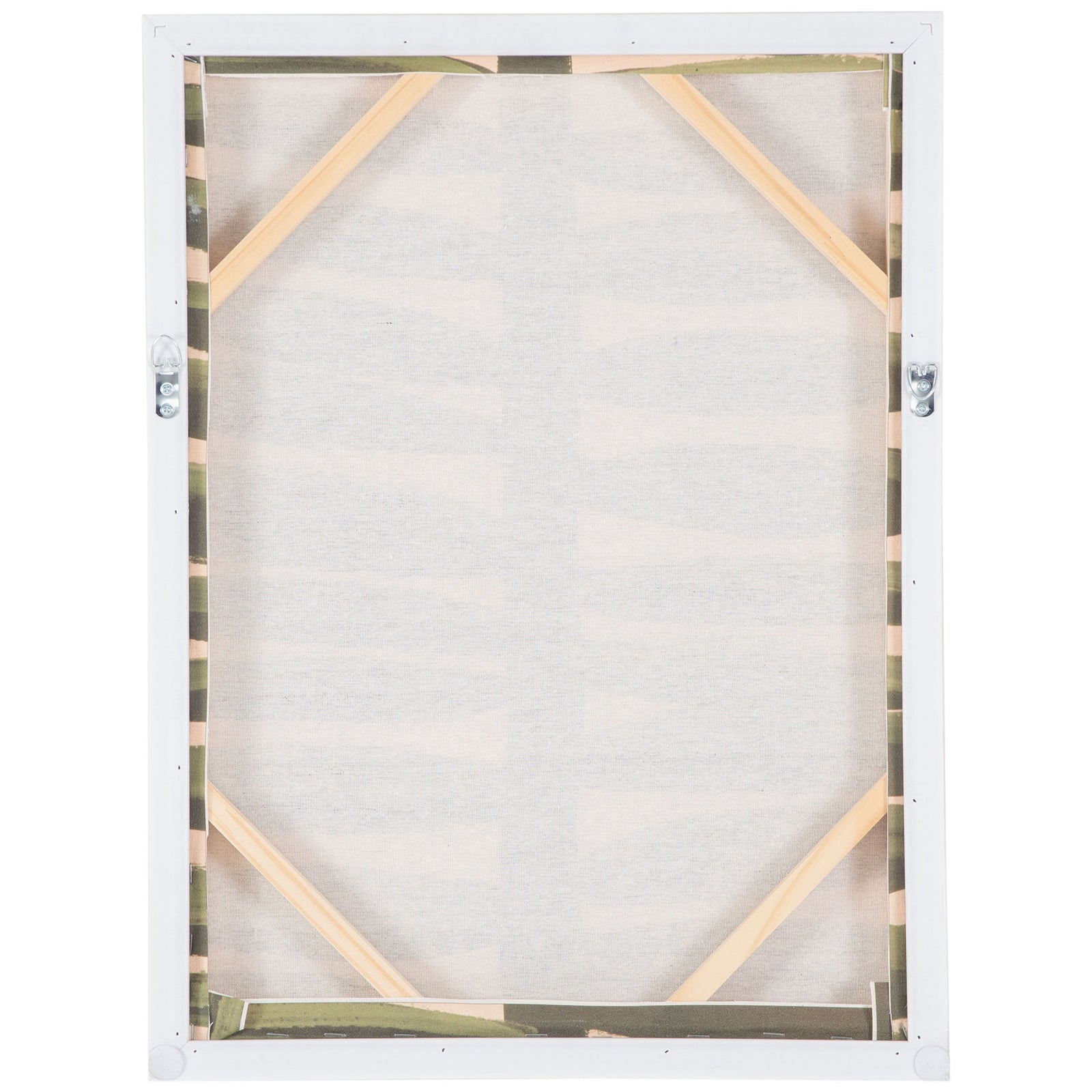 Linen canvas is stretched over a braced wood frame with metal hooks for wall mounting. || WLA2075A || back_studio