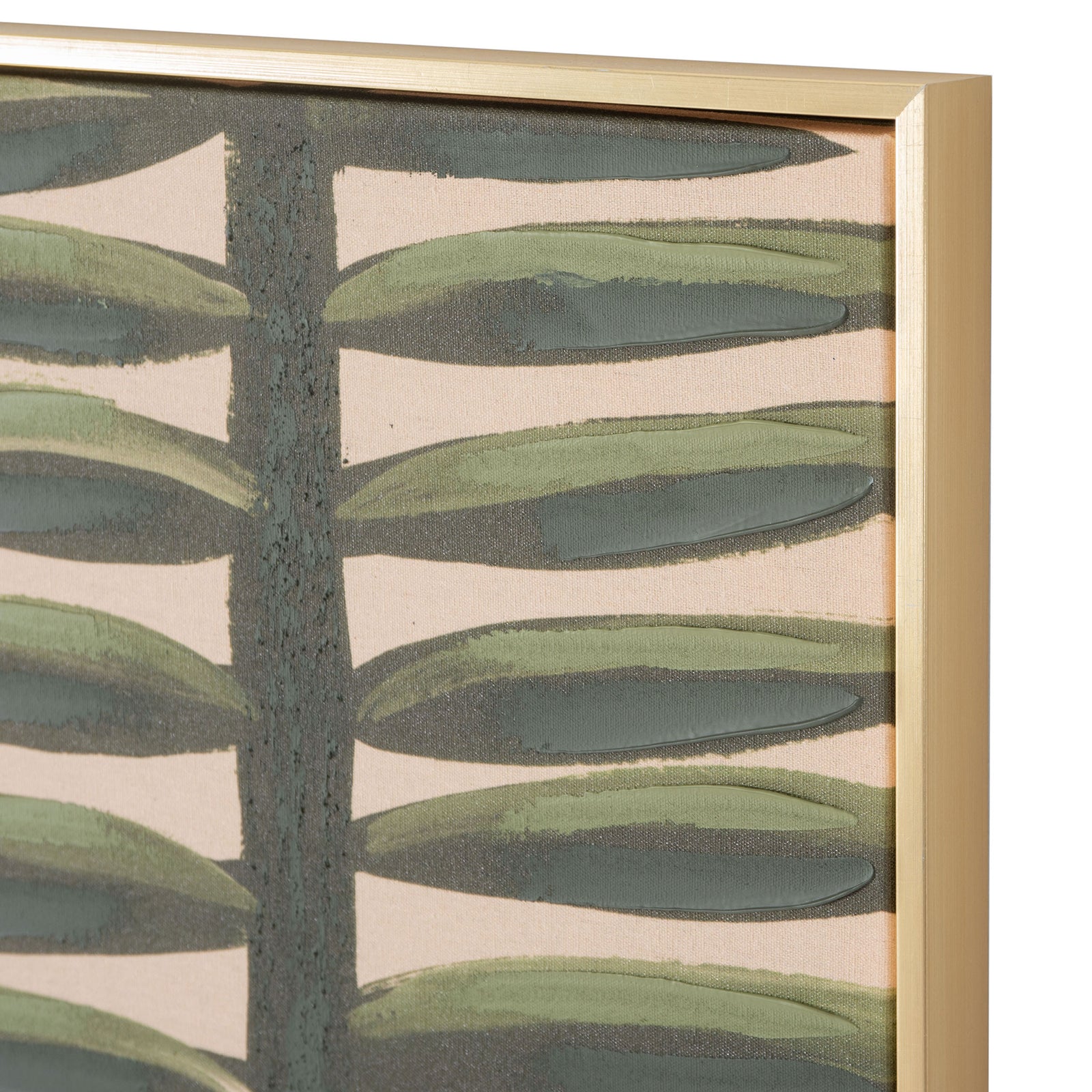 Olive and sage leaves stand out against textured beige linen within a slim gold frame. || WLA2075A || detail_studio
