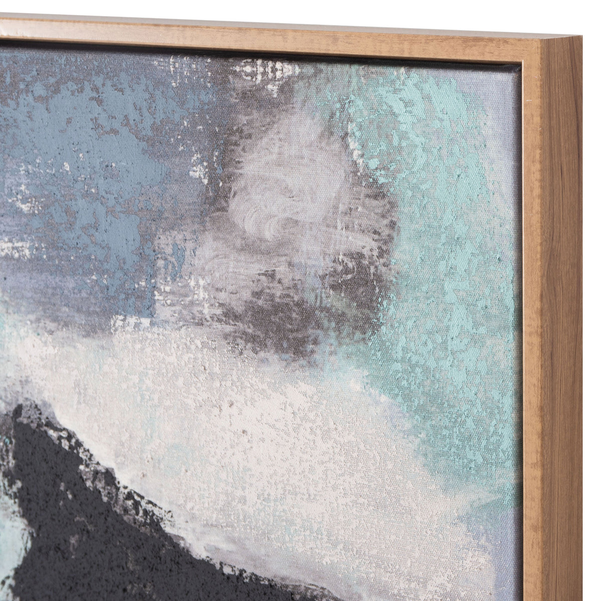 A slim gold-tone frame borders textured seafoam, blue, white, and black abstract brushstrokes