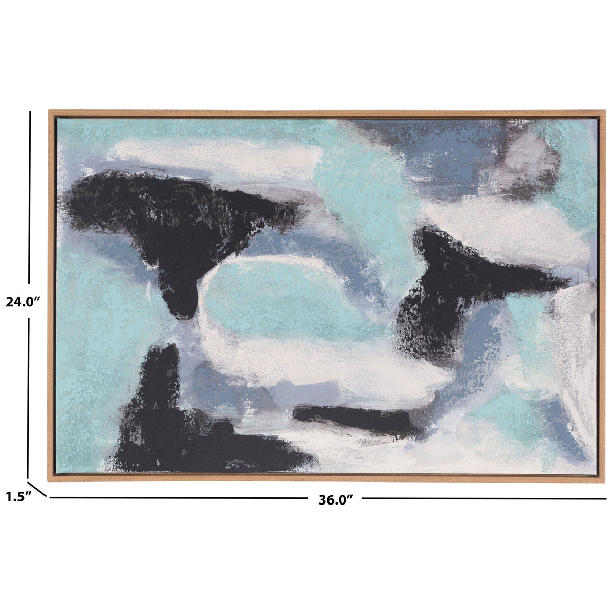 Framed abstract artwork measures 36 inches wide, 24 inches high, and 1.5 inches deep || WLA2077A || dimension_studio