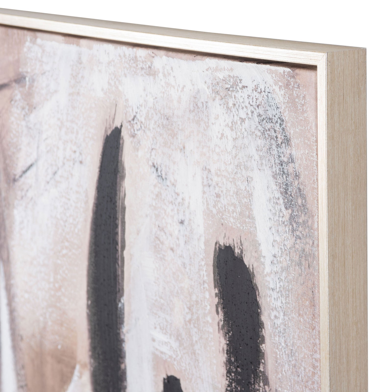 A slim champagne-tone frame borders layered white, beige, and black brushstrokes. || WLA2078A || detail_studio