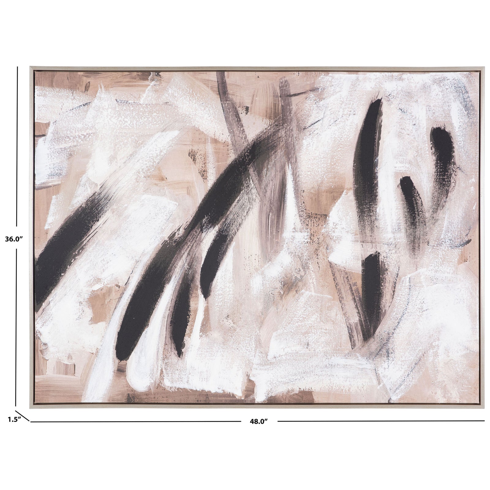 A 48-by-36-inch framed canvas pairs sweeping black strokes with layered beige and white. || WLA2078A || dimension_studio