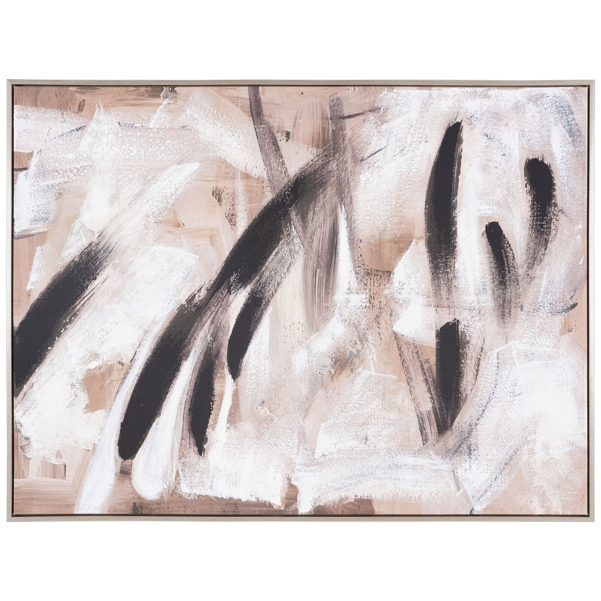 Bold black brushstrokes sweep across a textured beige and white canvas in a slim frame. || WLA2078A || front_studio