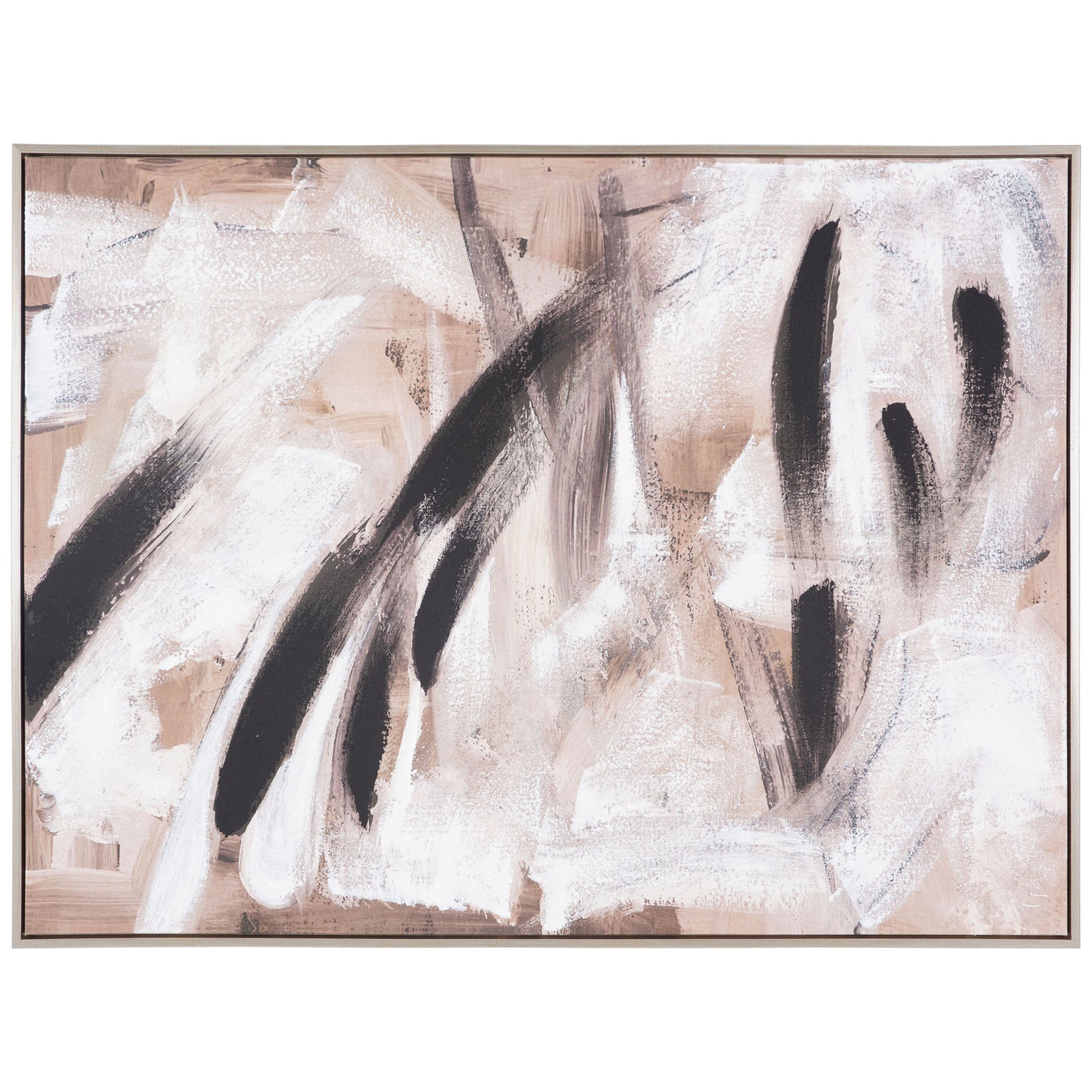 Bold black brushstrokes sweep across a textured beige and white canvas in a slim frame. || WLA2078A || front_studio