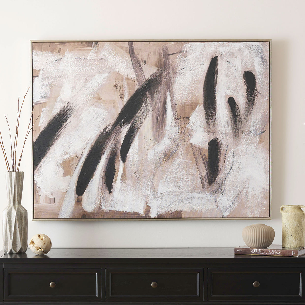 Neutral abstract wall art adds graphic contrast above a dark console. || WLA2078A || front_room