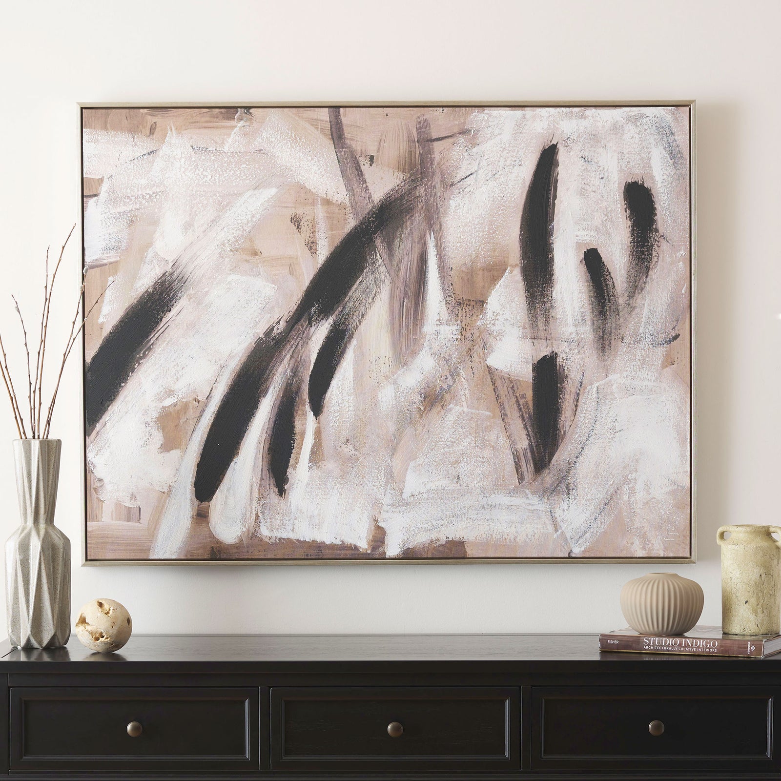 Neutral abstract wall art adds graphic contrast above a dark console. || WLA2078A || front_room