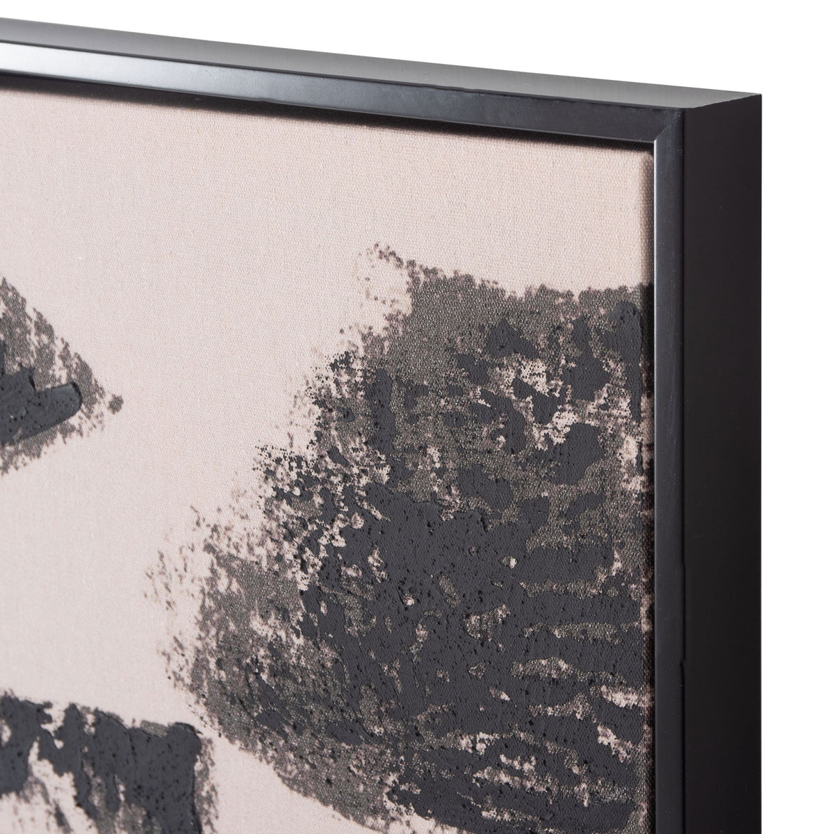 Textured black strokes stand out against light taupe linen within a slim black frame. || WLA2079A || detail_studio