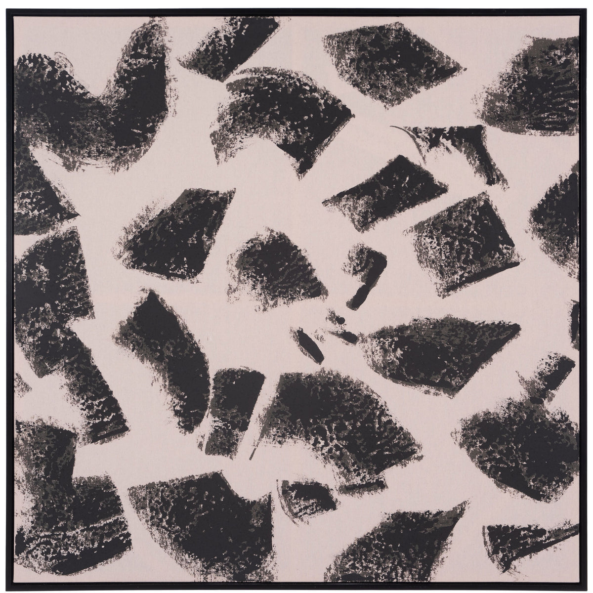 Irregular black brushstrokes animate light taupe linen in a slender square frame. || WLA2079A || front_studio
