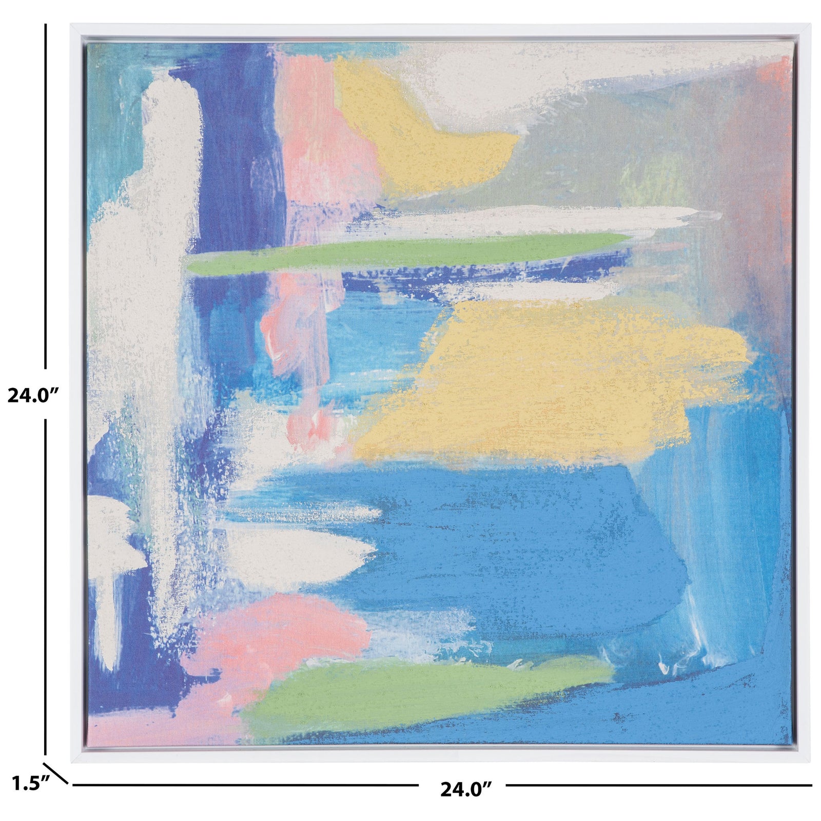 Colorful abstract canvas measures 24 inches square and 1.5 inches deep with its white frame. || WLA2080A || dimension_studio