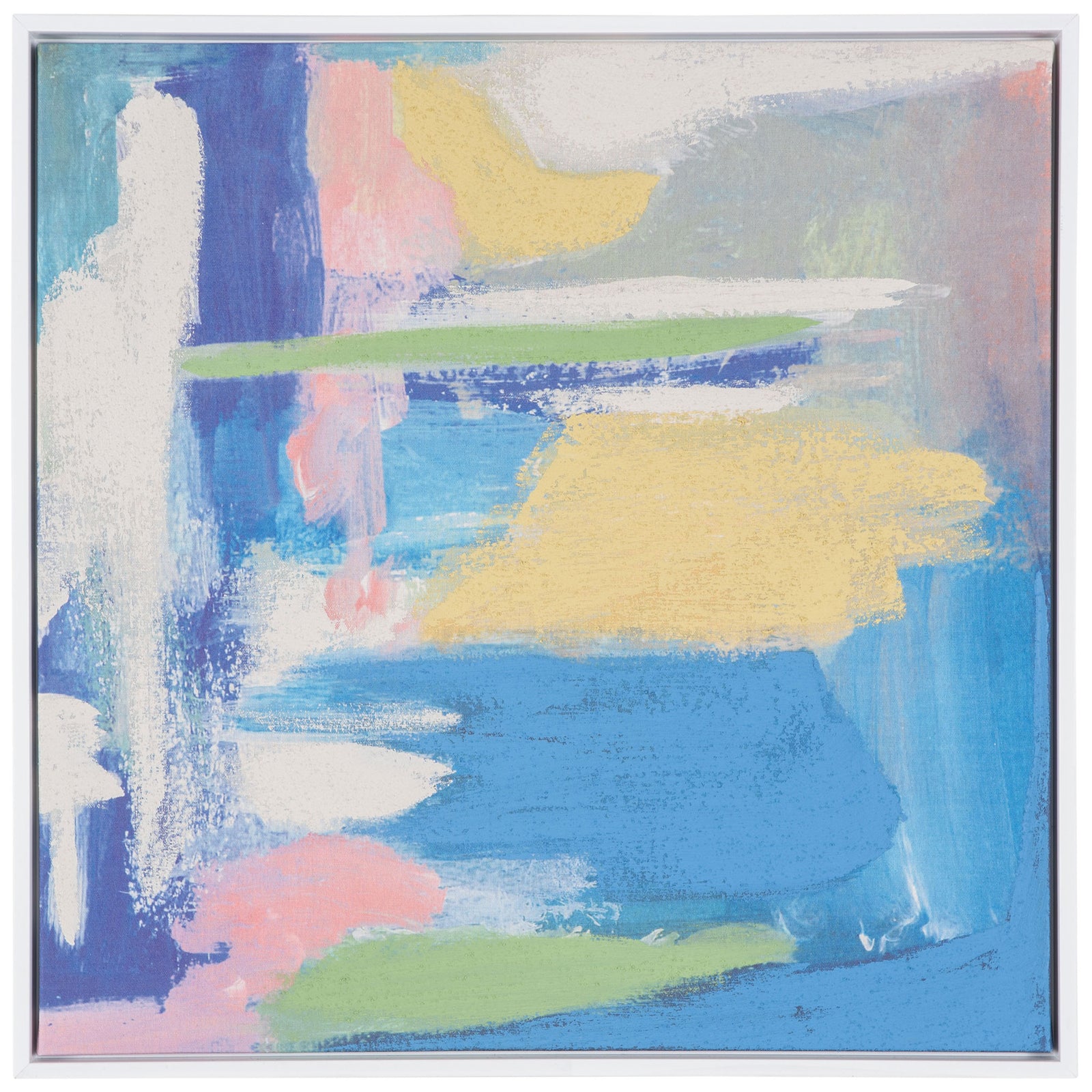 Abstract strokes of blue, yellow, pink, and green brighten a square canvas in a slim white frame. || WLA2080A || front_studio