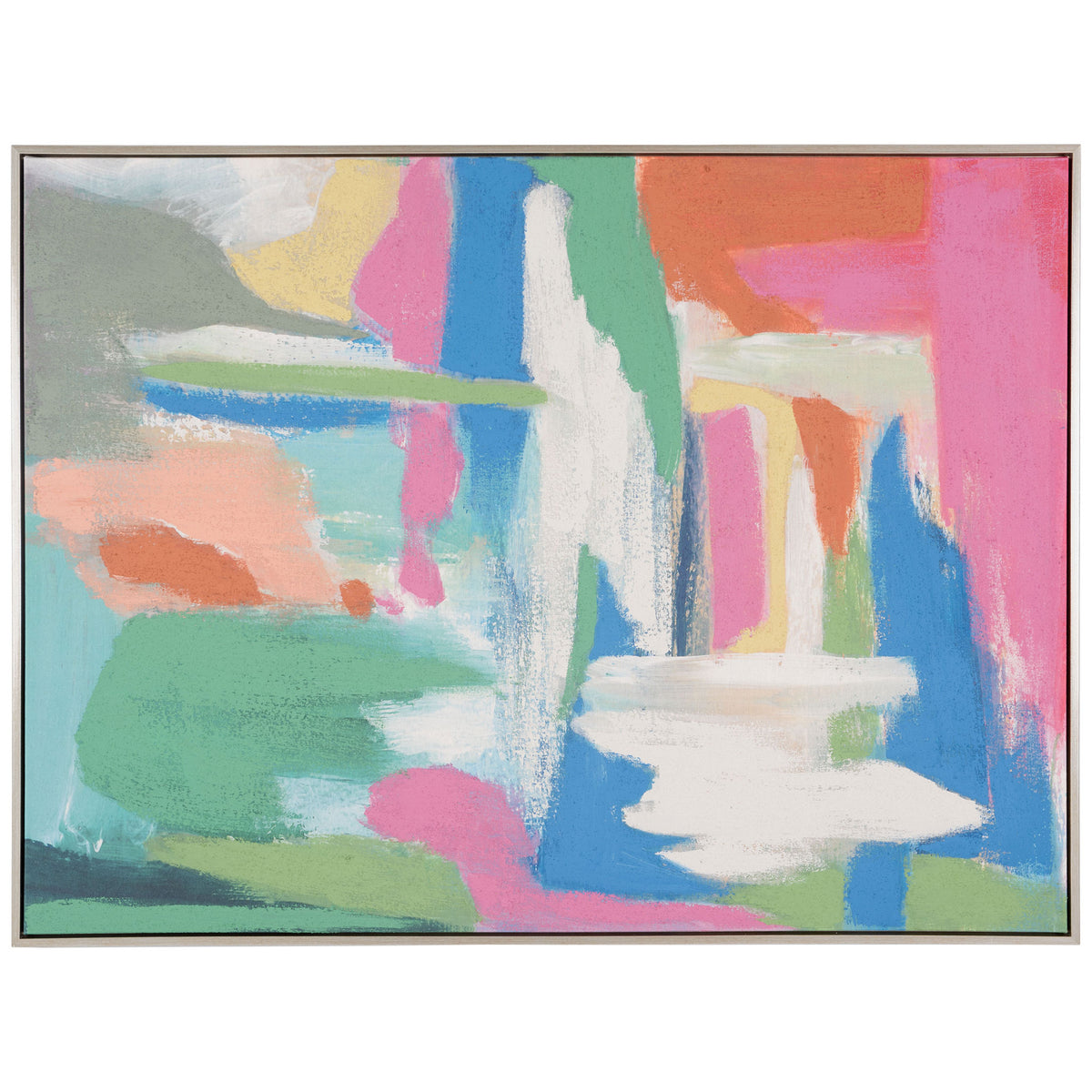 Colorful abstract brushstrokes in pink, blue, green and orange fill a slim-framed canvas. || WLA2081A || front_studio