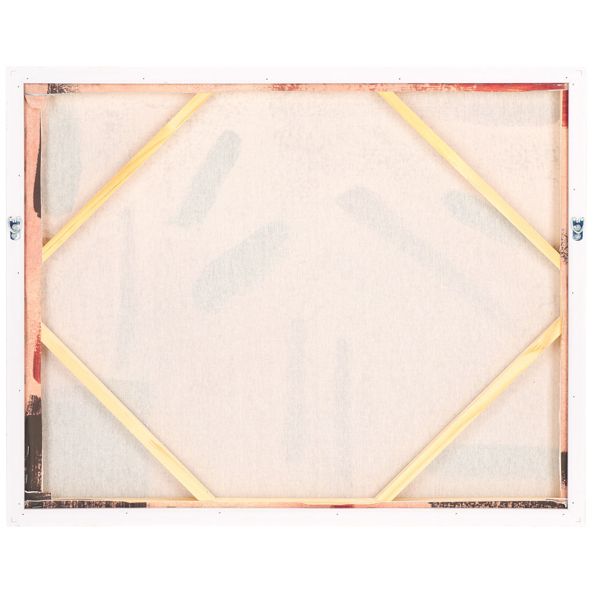 Linen canvas is held taut by diagonal wood supports, with D-ring hangers for wall mounting. || WLA2082A || back_studio