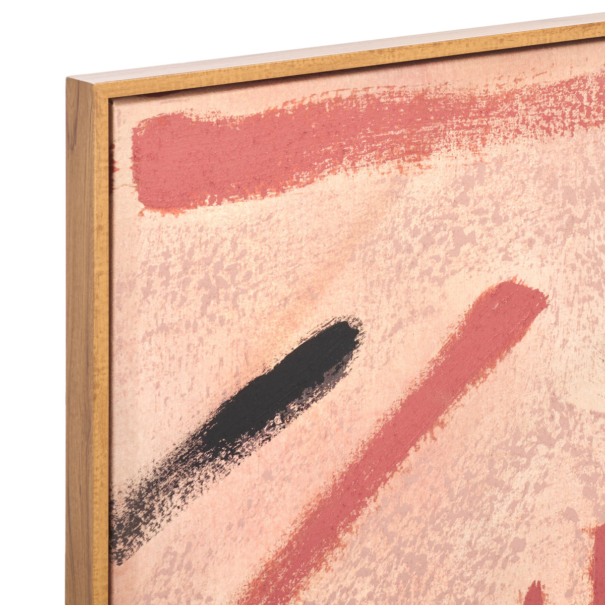 A slim wood-look frame borders textured artwork in soft peach, terracotta and black. || WLA2082A || detail_studio