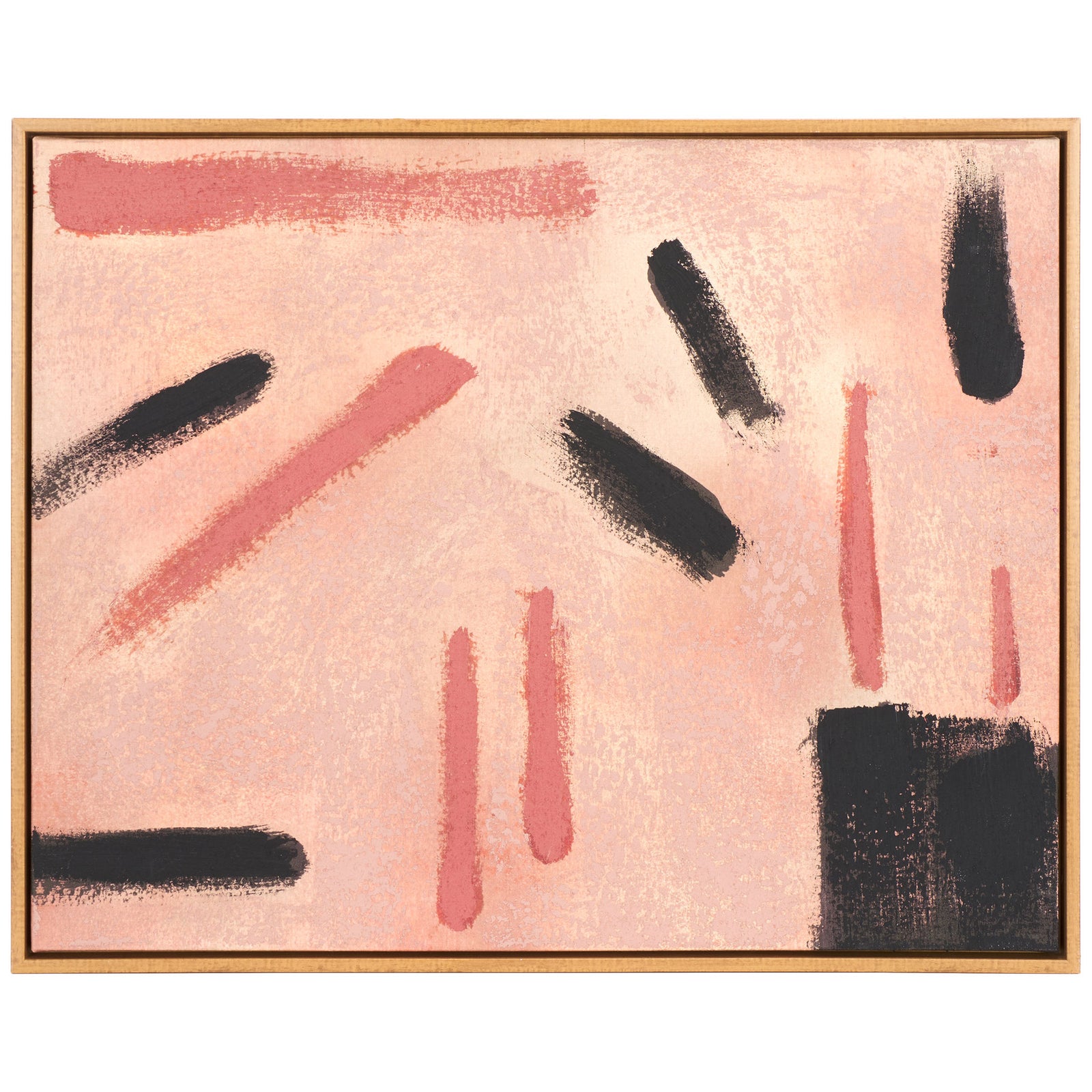 Bold black and terracotta brushstrokes stand out against a warm peach canvas in a slim frame. || WLA2082A || front_studio