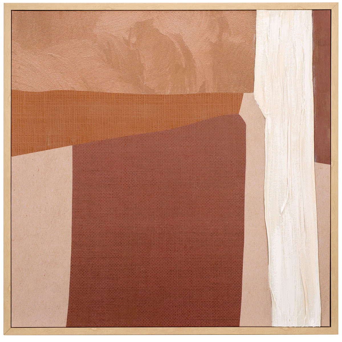 Abstract wall art blends muted terracotta, blush, and off-white forms in a slim, light-toned frame || WLA3015A || front_studio
