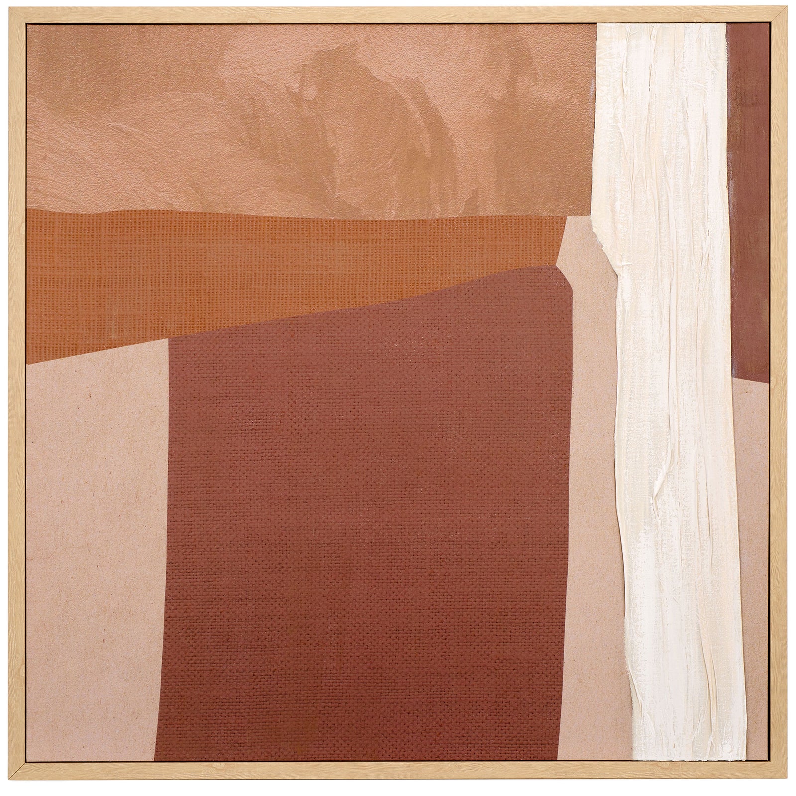 Abstract wall art blends muted terracotta, blush, and off-white forms in a slim, light-toned frame || WLA3015A || front_studio