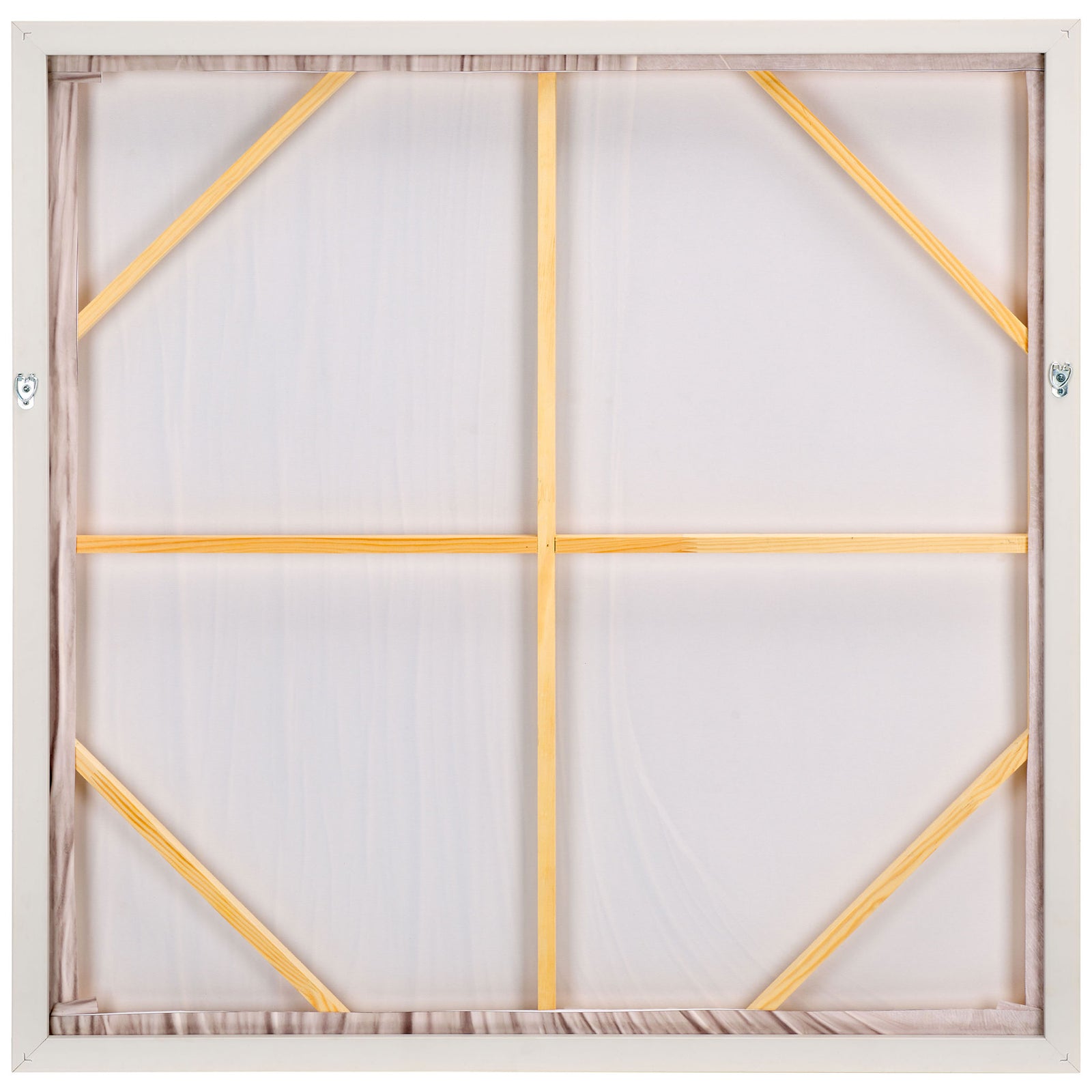 Cross-braced framing and metal hanging hardware support the square canvas artwork || WLA3016A || back_studio