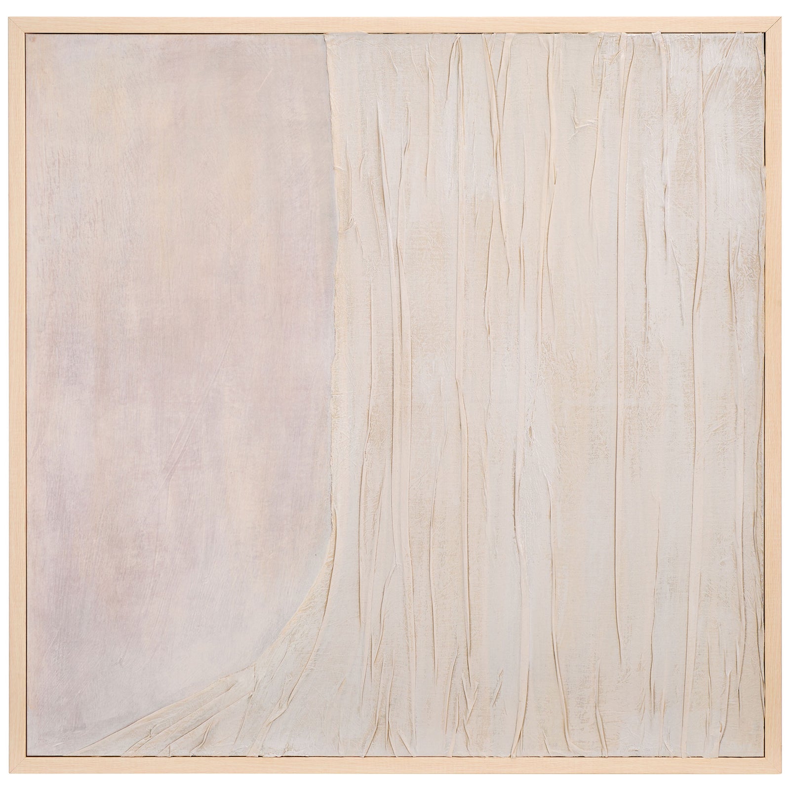 Square off-white canvas art balances smooth painted areas with sculptural vertical texture || WLA3016A || front_studio