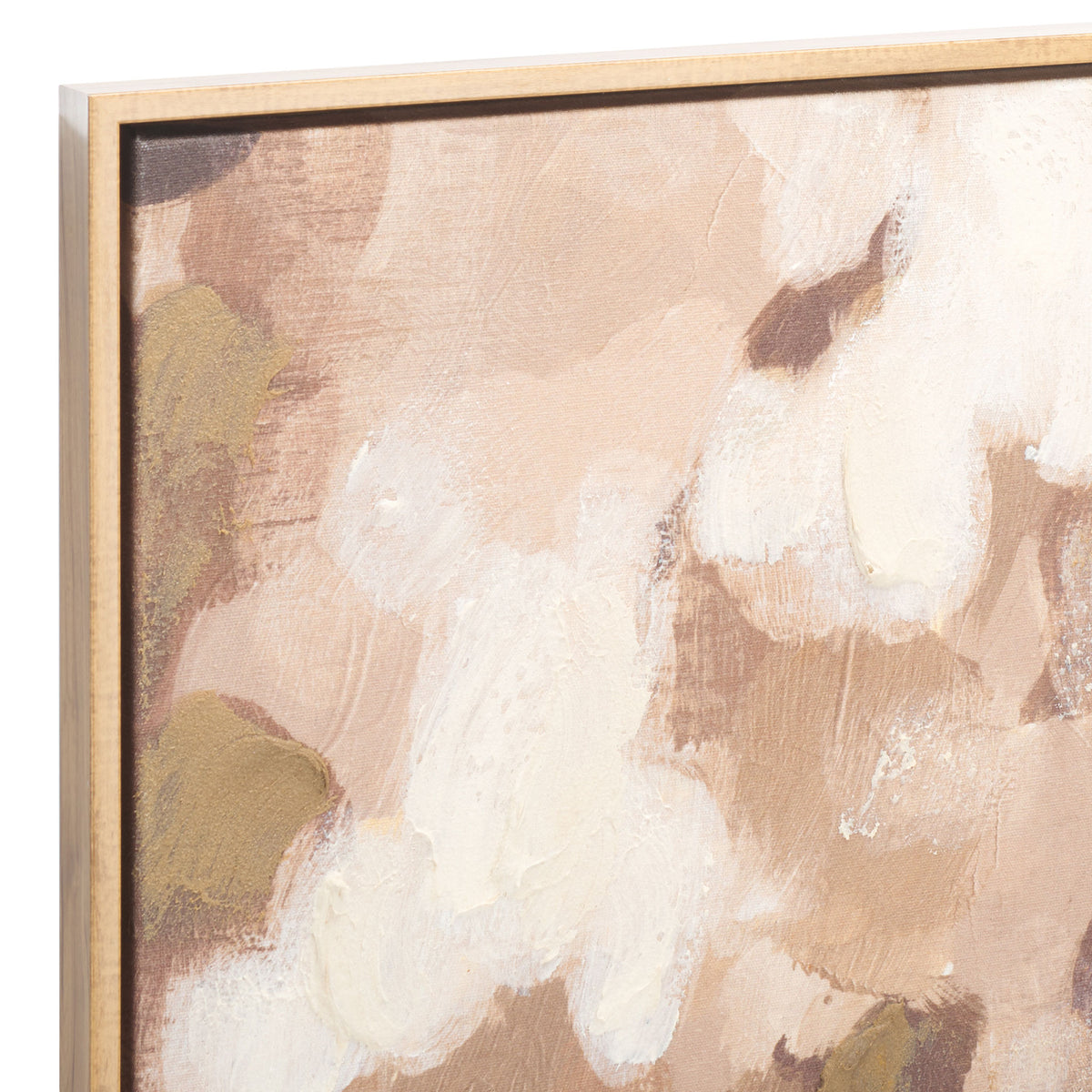 Textured cream brushstrokes layer over blush and brown tones beside a slim wood-tone frame.