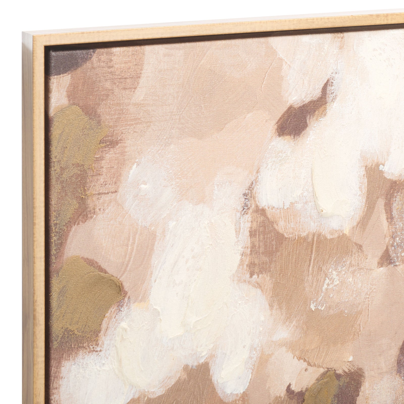 Textured cream brushstrokes layer over blush and brown tones beside a slim wood-tone frame. || WLA3018A || detail_studio