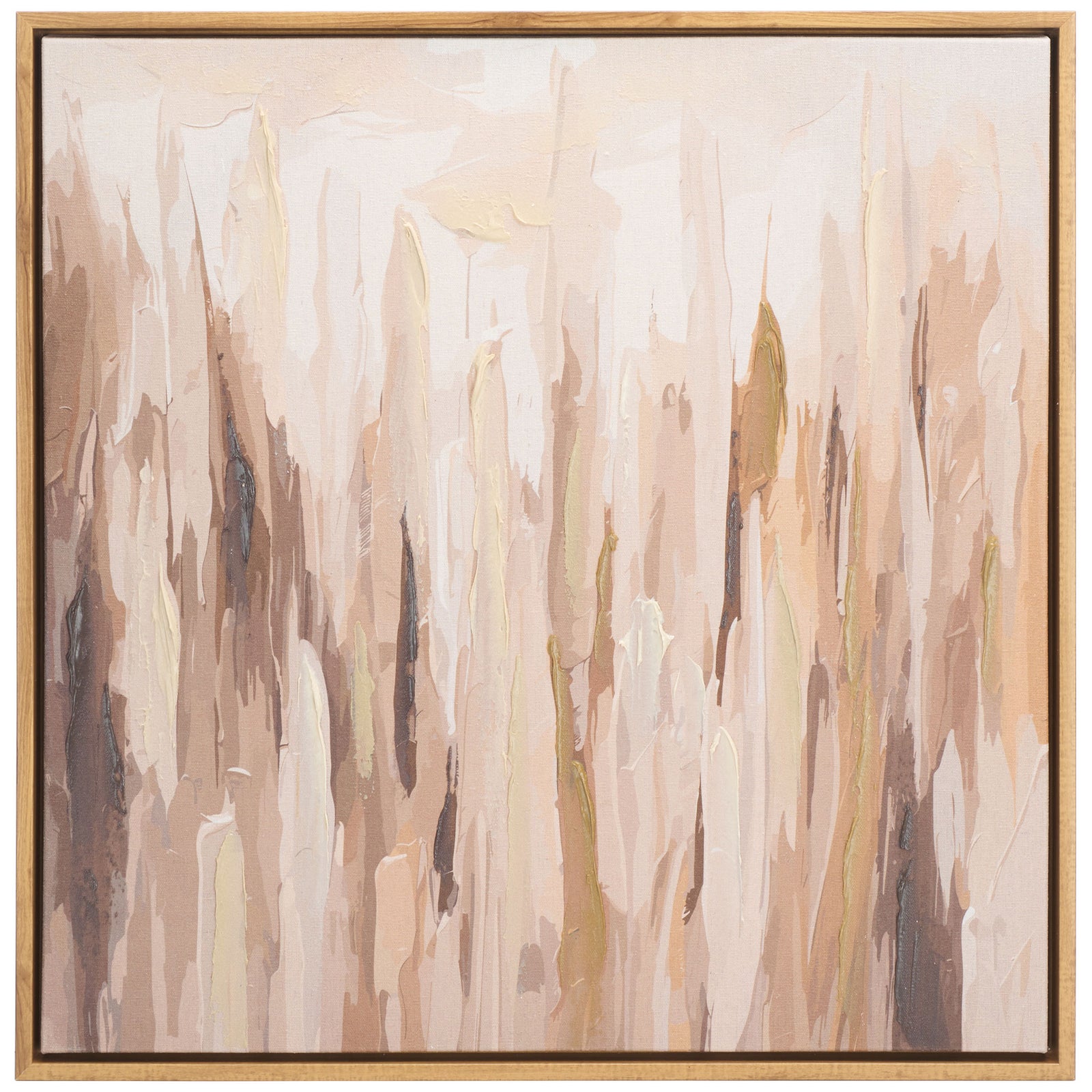 Layered cream, blush, and brown brushstrokes create serene abstract art in a slim wood-look frame. || WLA3019A || front_studio