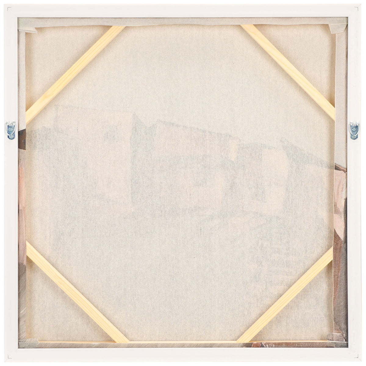 Stretched linen canvas has diagonal supports and two metal hanging hooks. || WLA3021A || back_studio