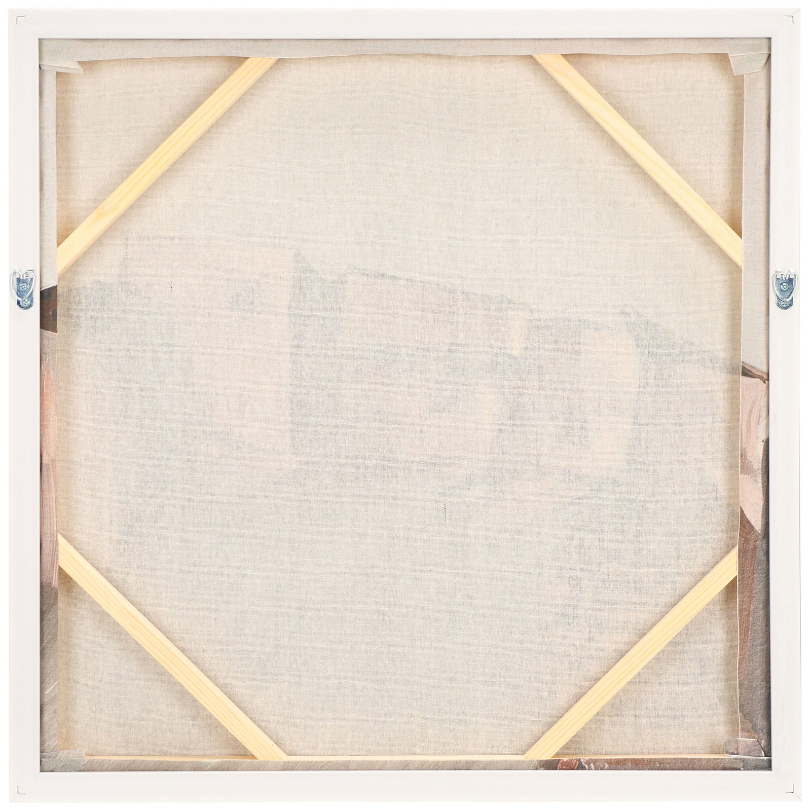 Stretched linen canvas has diagonal supports and two metal hanging hooks. || WLA3021A || back_studio