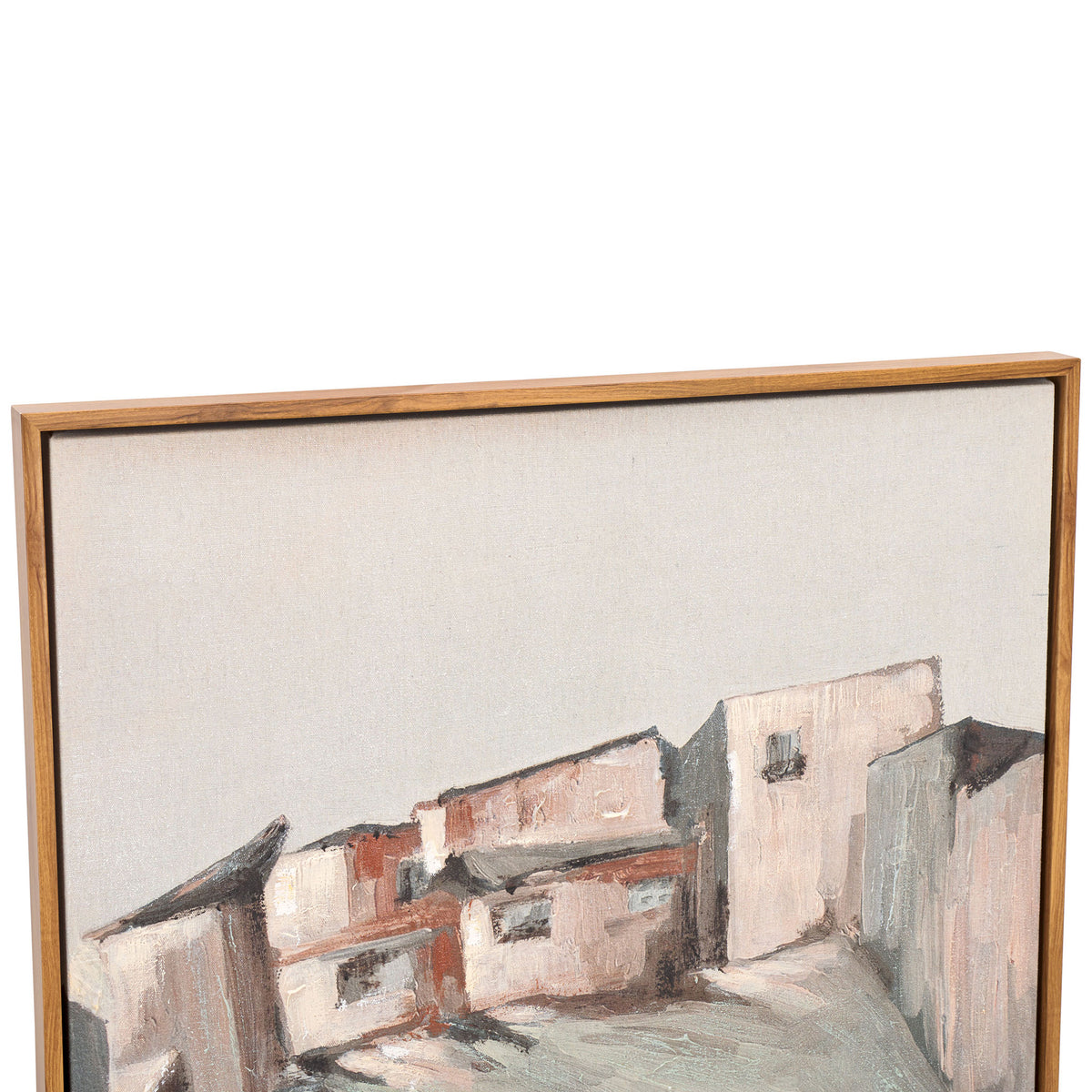 Textured linen and layered brushstrokes bring depth to village buildings within a slim brown frame. || WLA3021A || detail_studio