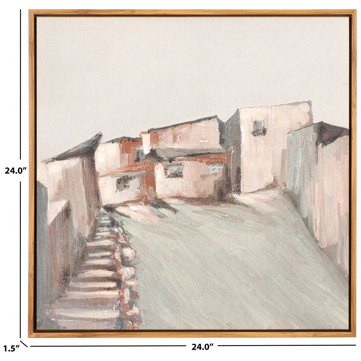 A 24-inch square frame with a slim 1.5-inch depth surrounds a quiet village scene. || WLA3021A || dimension_studio