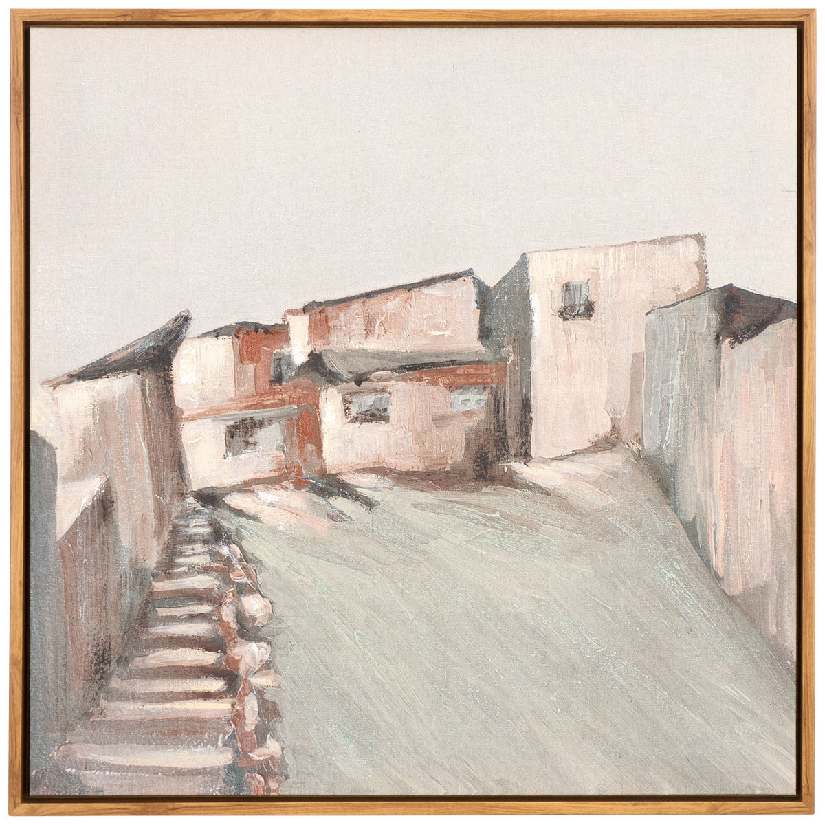 Muted blue and brown buildings border a village stairway on this square canvas with a warm brown frame. || WLA3021A || front_studio