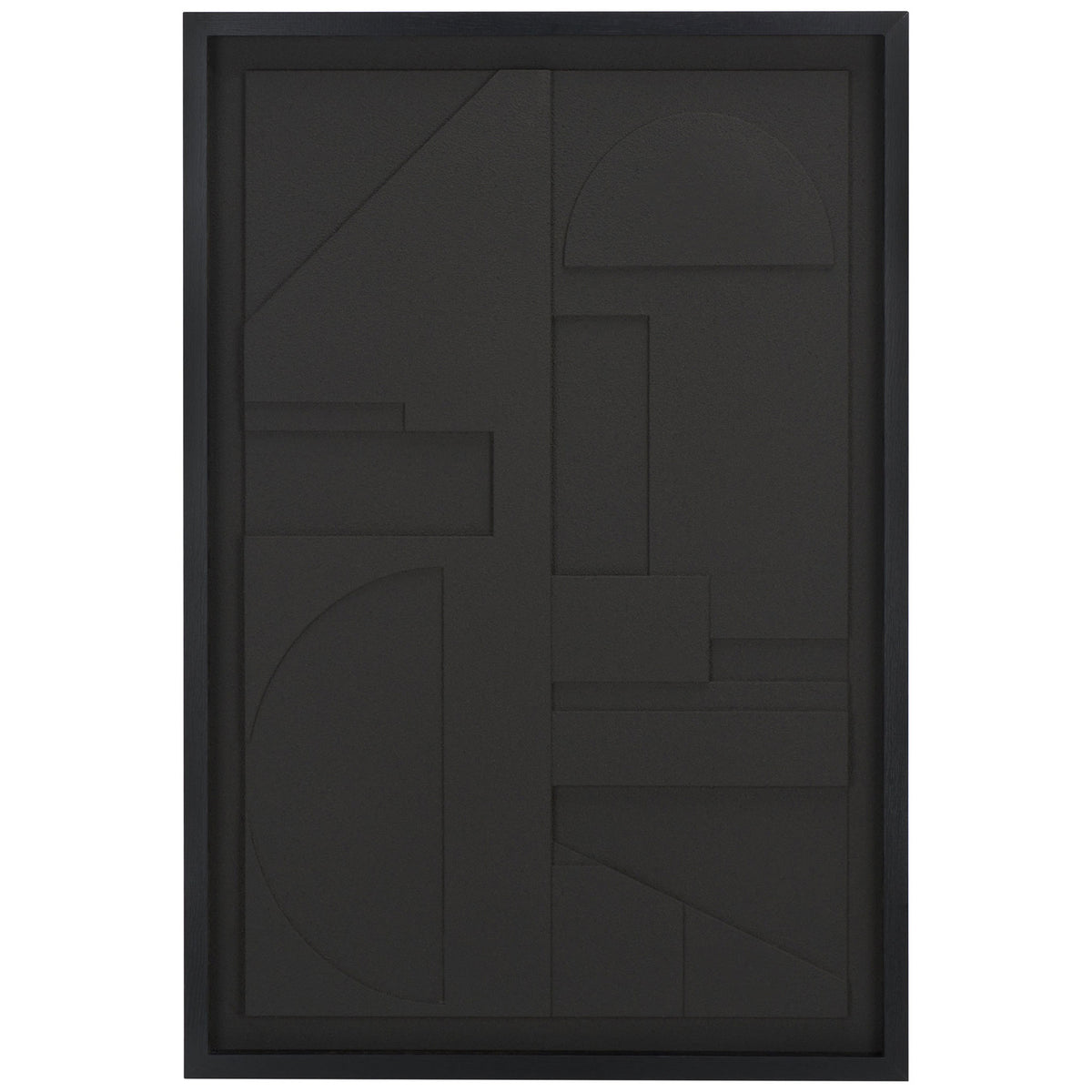 Black-on-black geometric relief combines curved forms and straight lines in a rectangular frame. || WLA3023A || front_studio