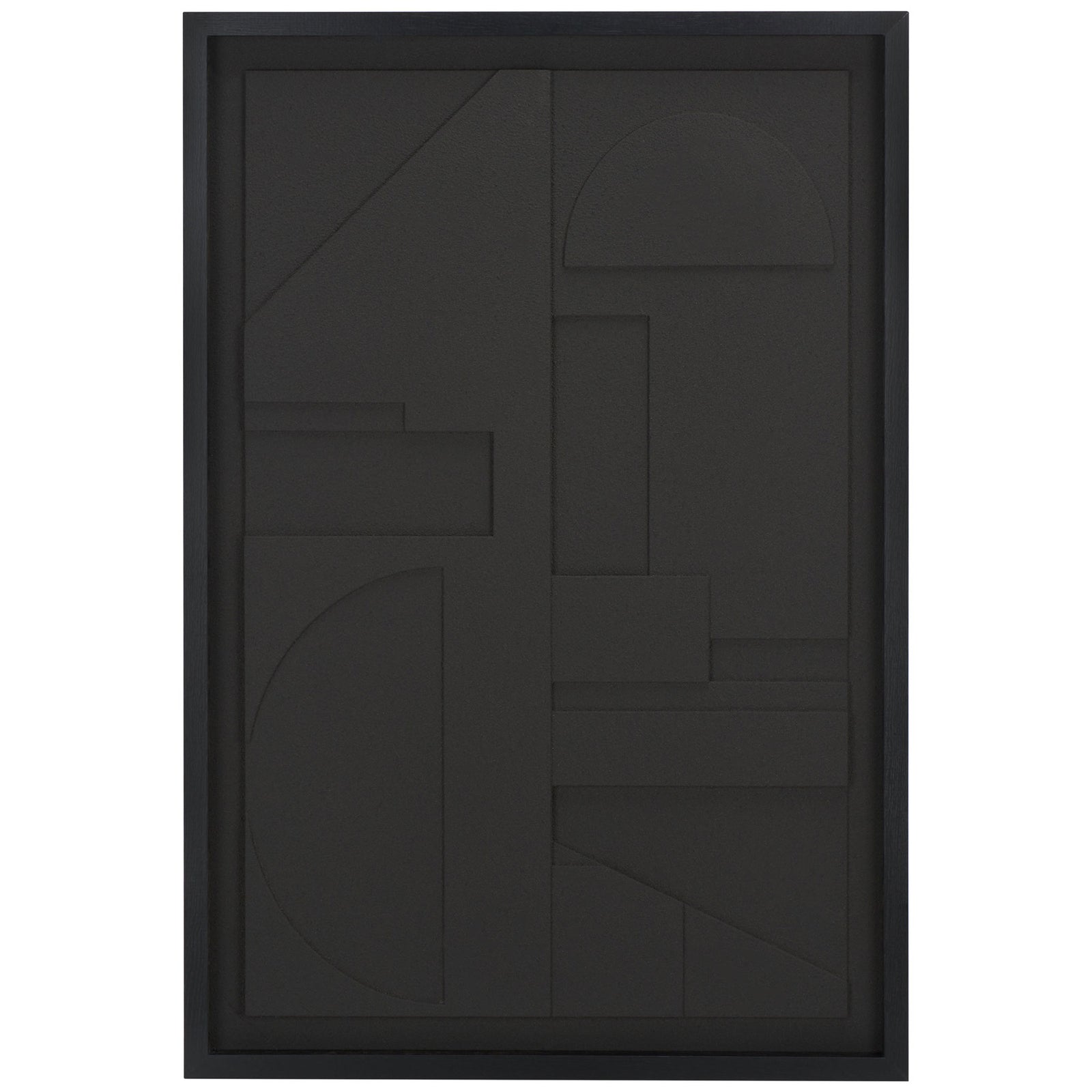 Black-on-black geometric relief combines curved forms and straight lines in a rectangular frame. || WLA3023A || front_studio