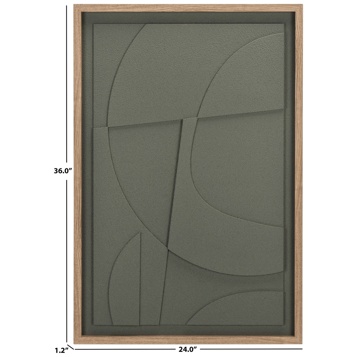 Dimensional green wall art measures 24 inches wide, 36 inches tall, and 1.2 inches deep