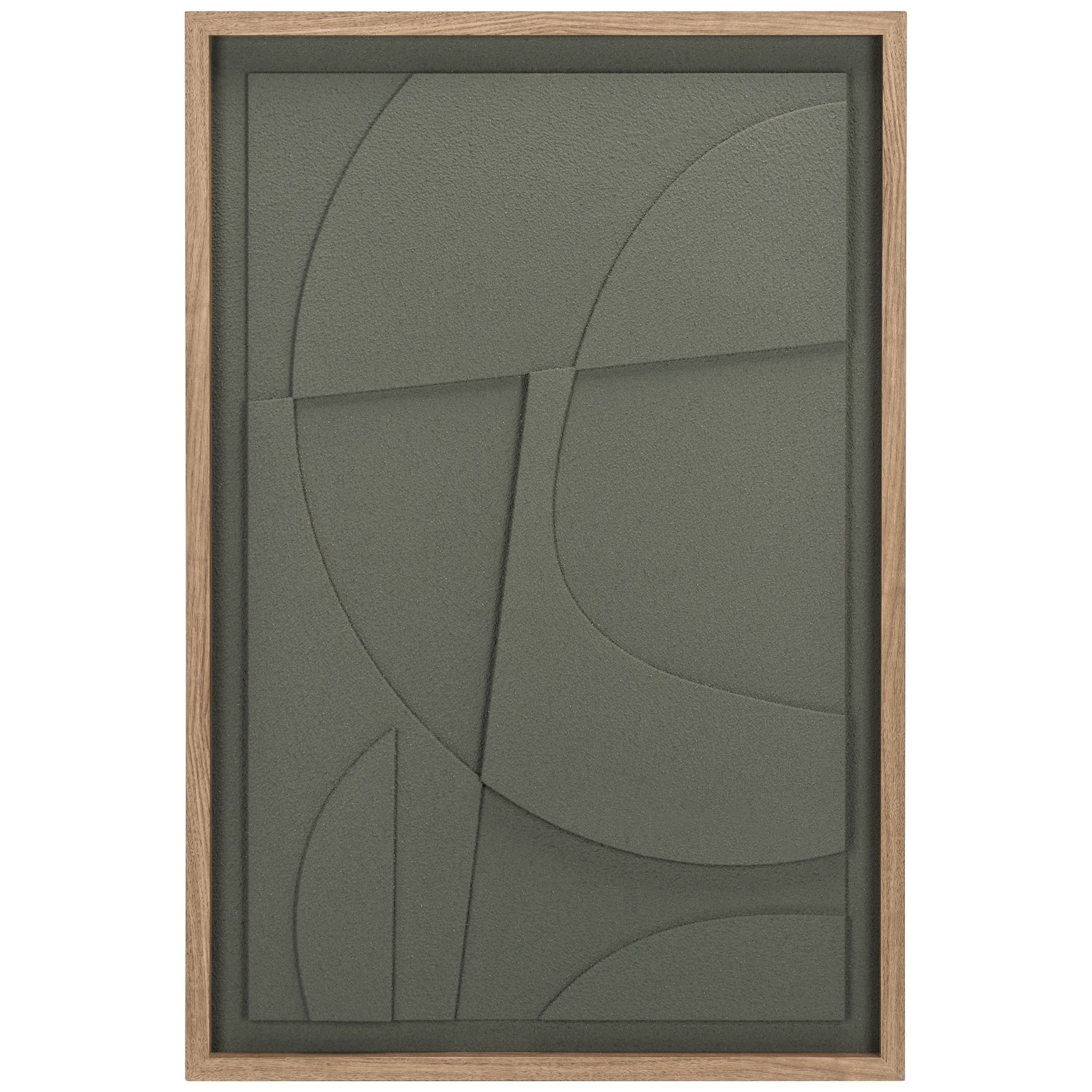 Layered green geometric wall art features sweeping arcs within a light wood-look frame || WLA3024A || front_studio
