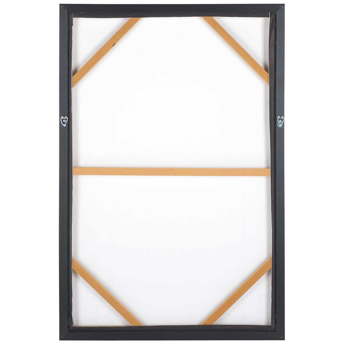 Black-framed canvas has wood corner braces, a center support, and wall-mounting hooks. || WLA3025A || back_studio