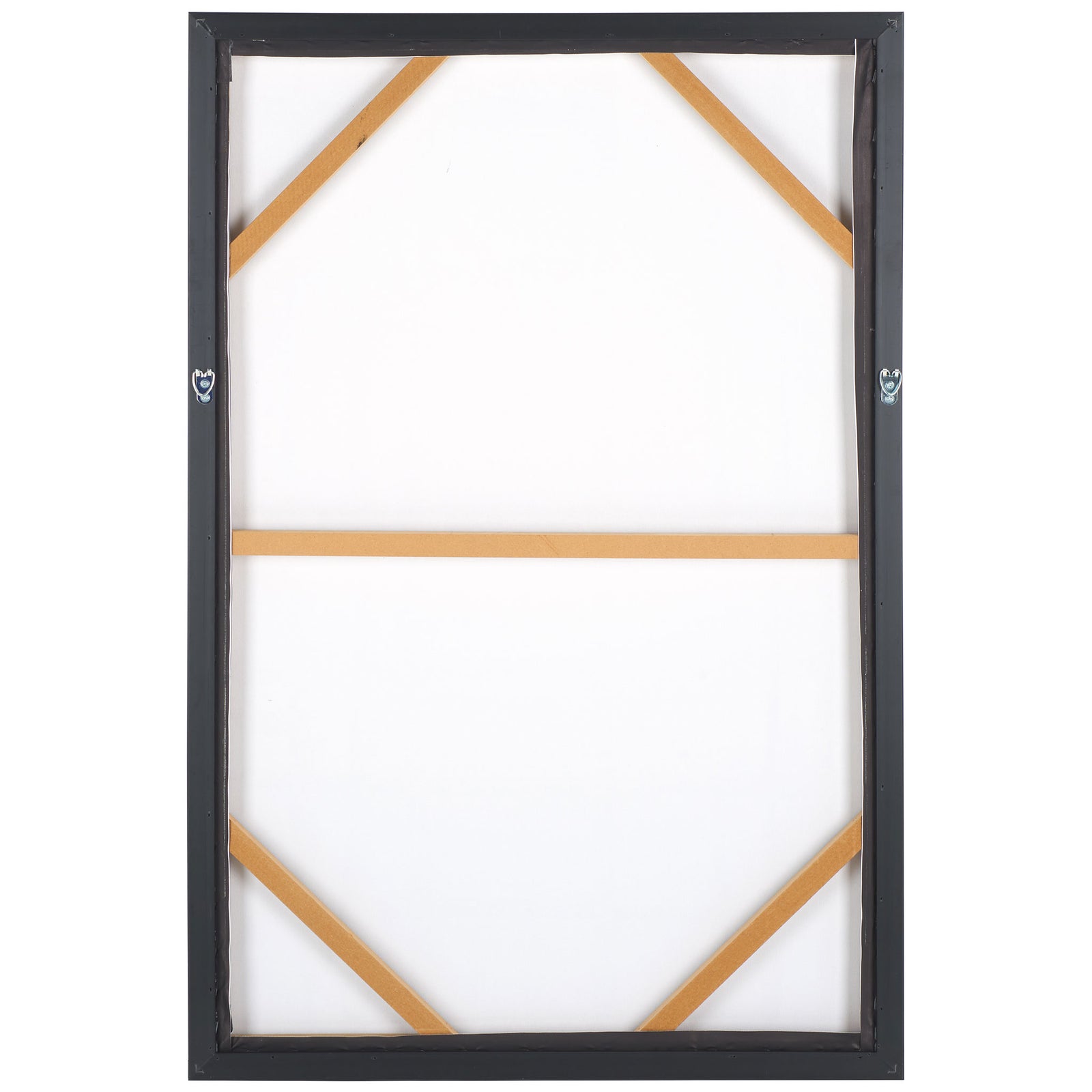 Black-framed canvas has wood corner braces, a center support, and wall-mounting hooks. || WLA3025A || back_studio