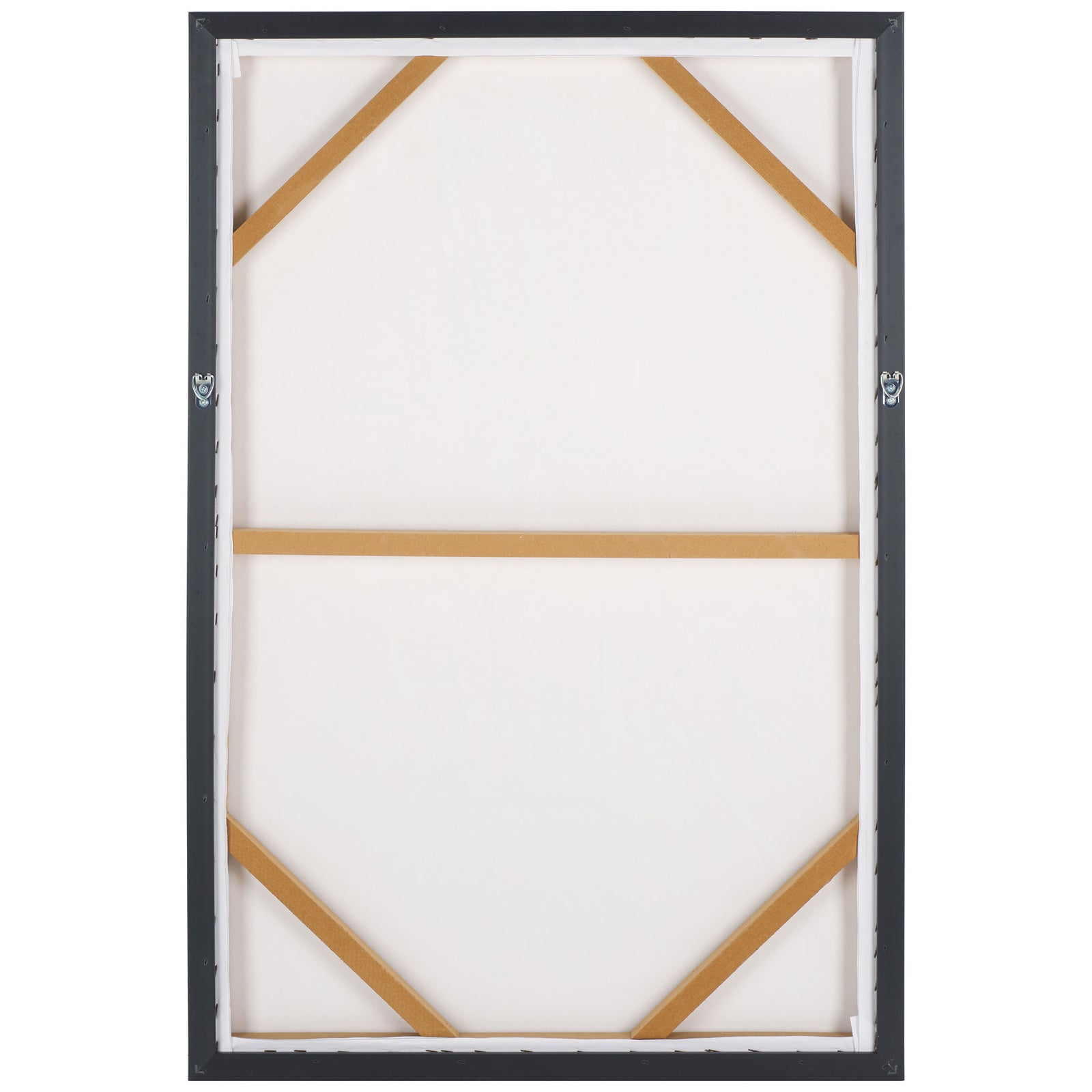 Wooden support braces and metal hanging hooks secure the back of the framed canvas || WLA3026A || back_studio