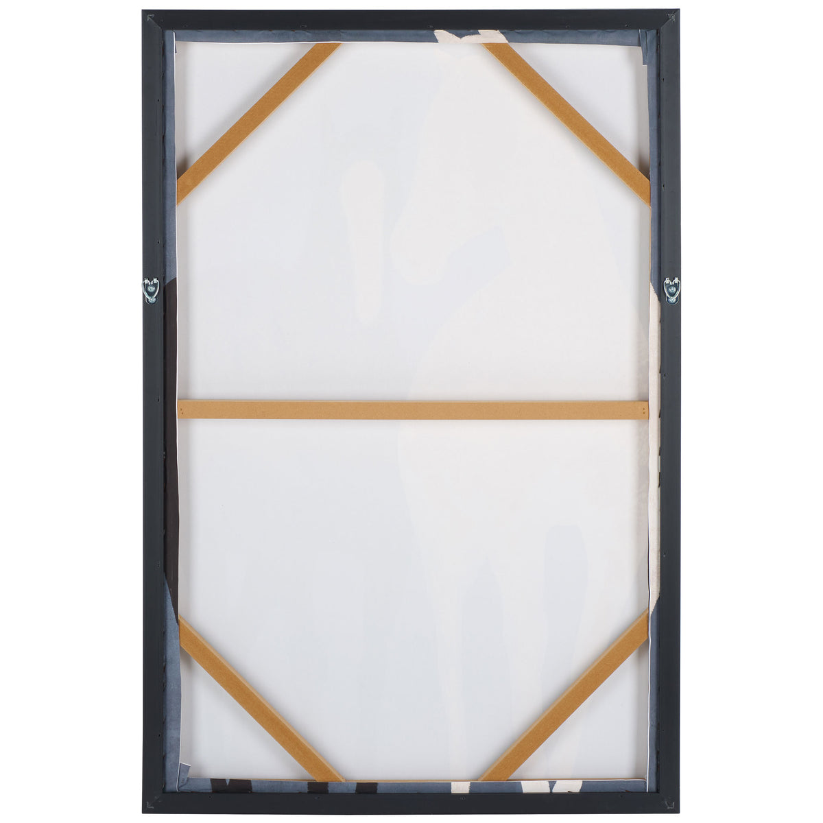 A black frame supports the stretched canvas with corner braces and metal hanging hardware. || WLA3027A || back_studio