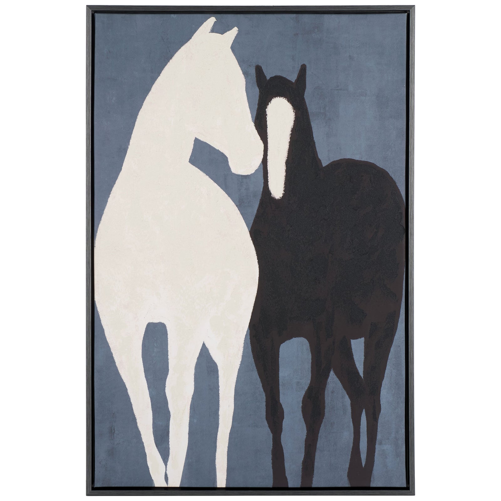A white horse and a dark horse stand side by side on blue-gray canvas within a slim black frame. || WLA3027A || front_studio