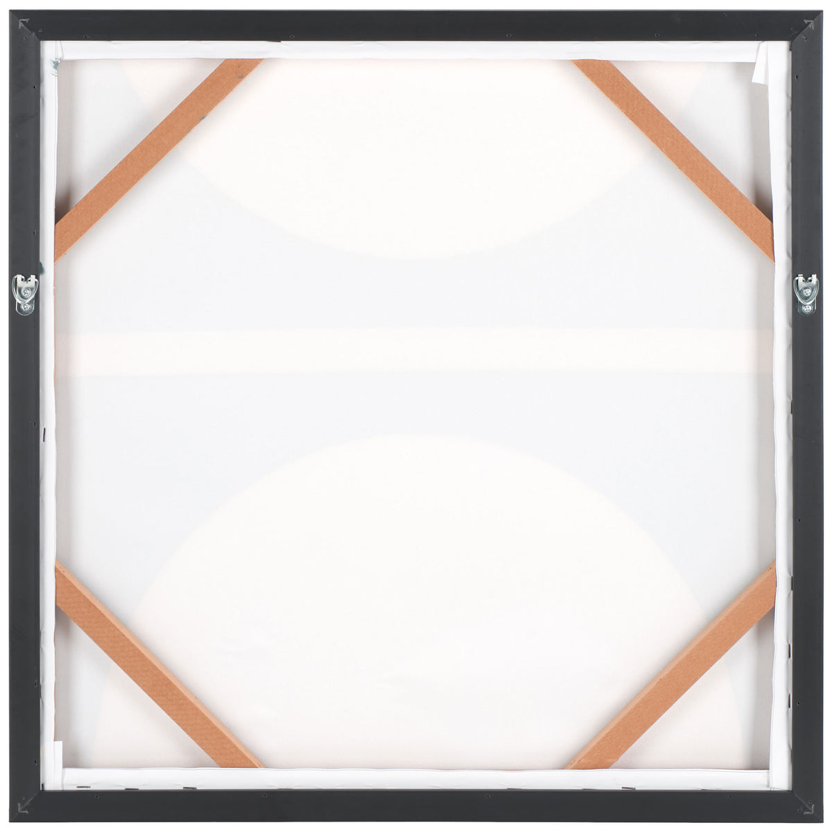 A black frame surrounds a canvas with wood corner braces and metal hooks for wall mounting. || WLA3028A || back_studio