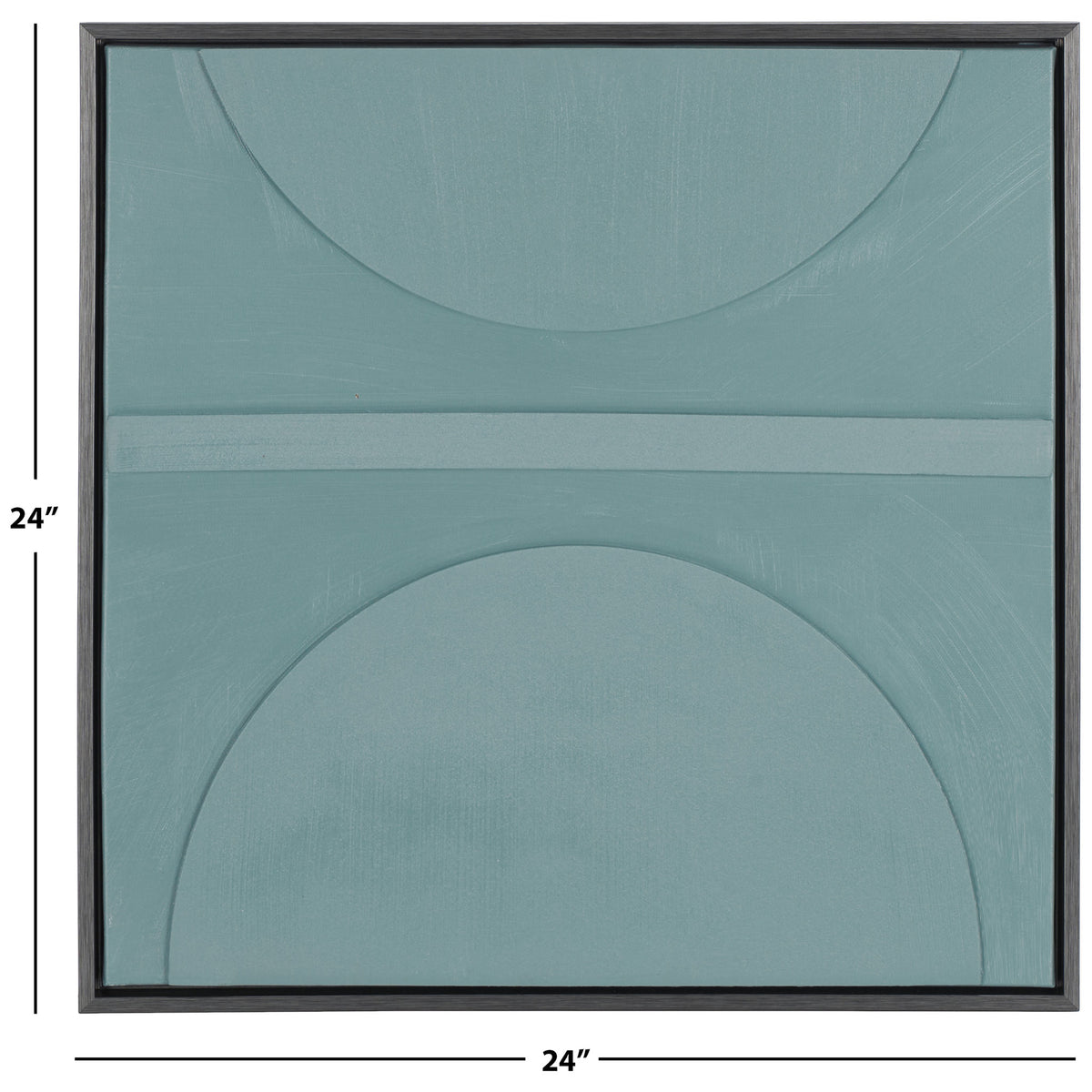 This 24-inch square canvas pairs blue-gray geometric arcs with a crisp black frame.
