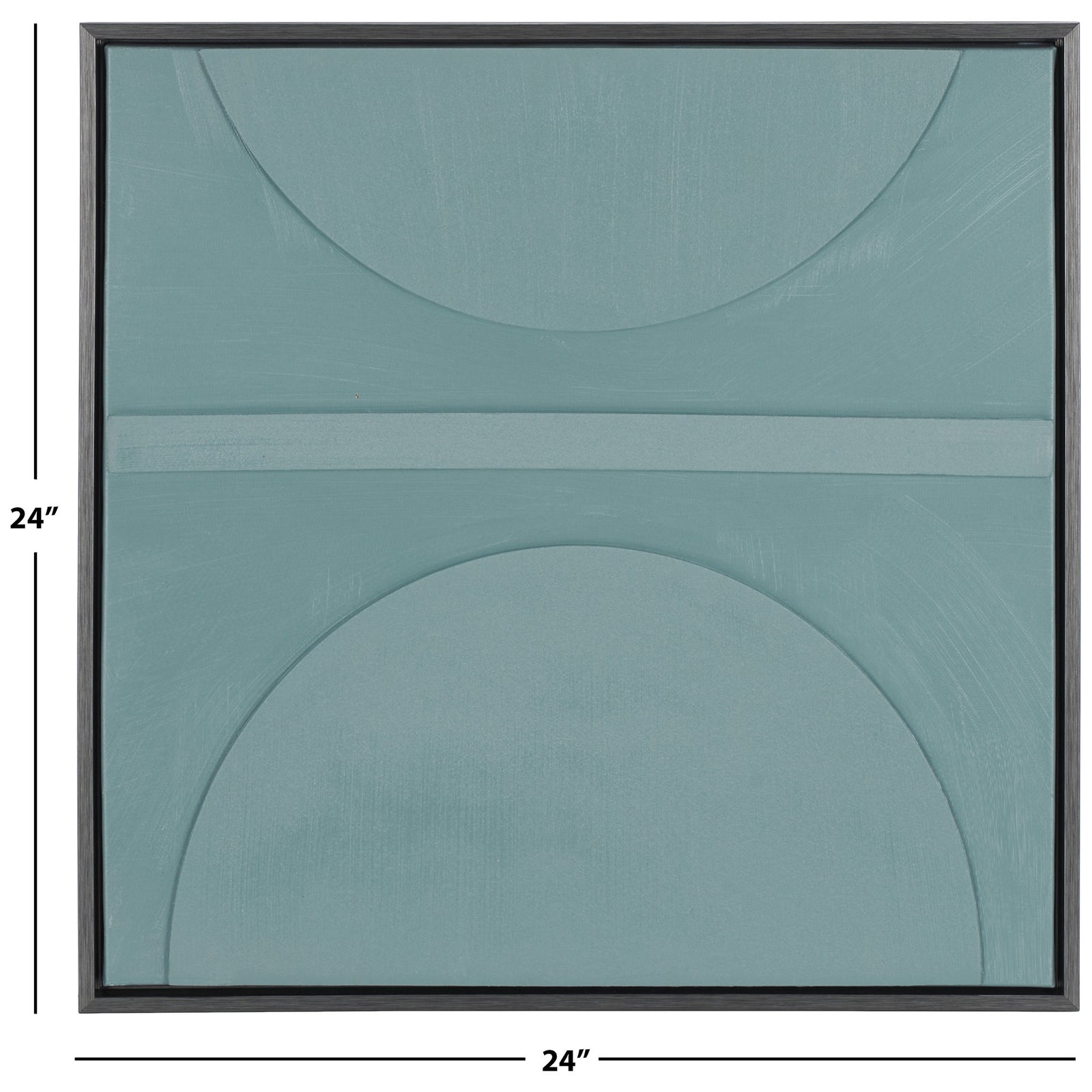 This 24-inch square canvas pairs blue-gray geometric arcs with a crisp black frame. || WLA3028A || dimension_studio