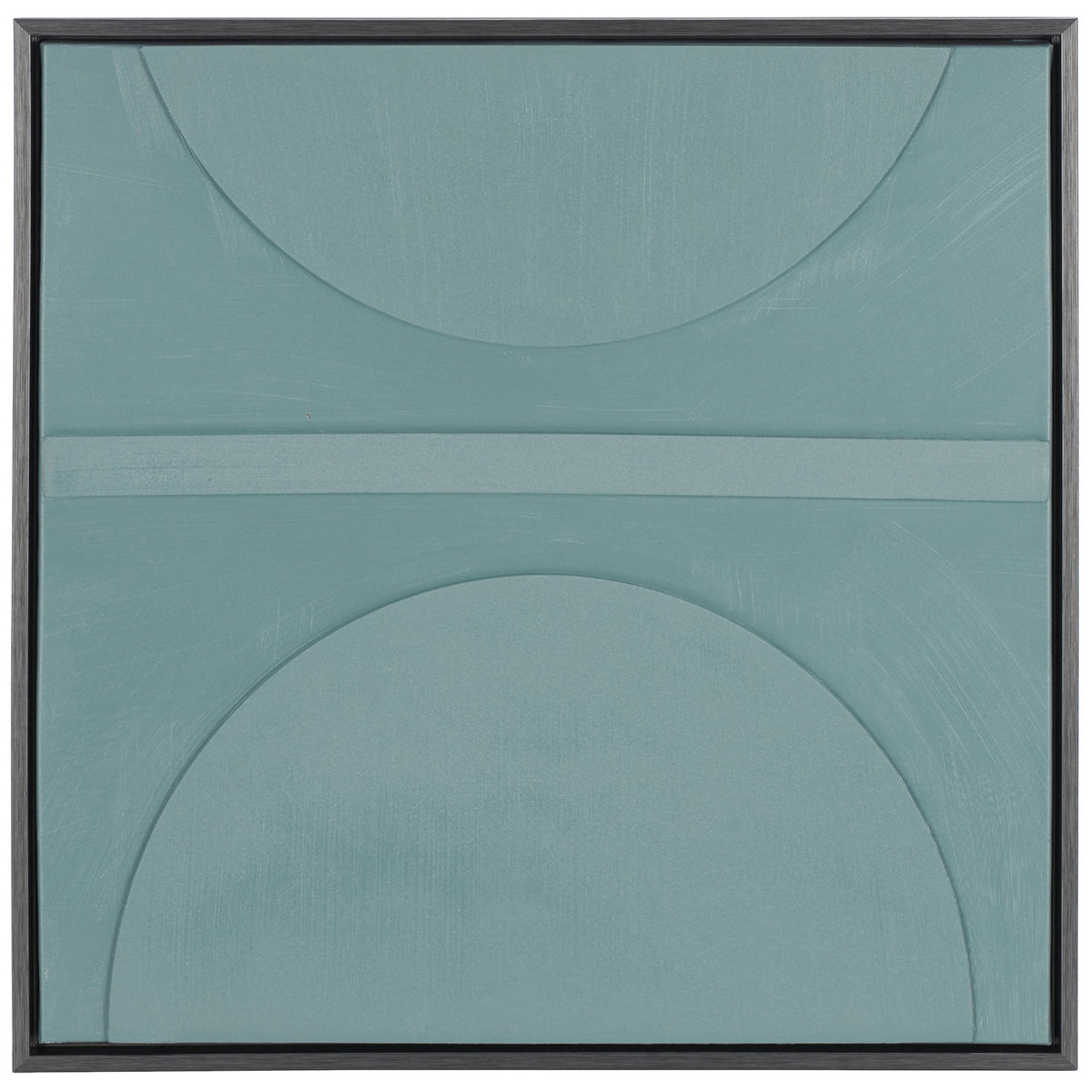 Hand-painted blue-gray canvas art balances opposing semicircles and a horizontal band in a black frame. || WLA3028A || front_studio