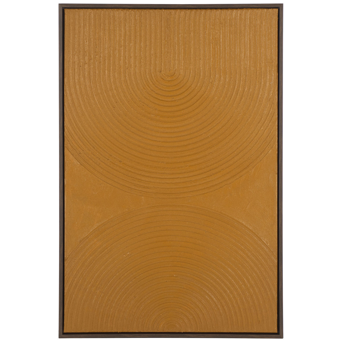 Copper-toned relief art pairs opposing concentric arcs with a slim, dark frame. || WLA3029A || front_studio