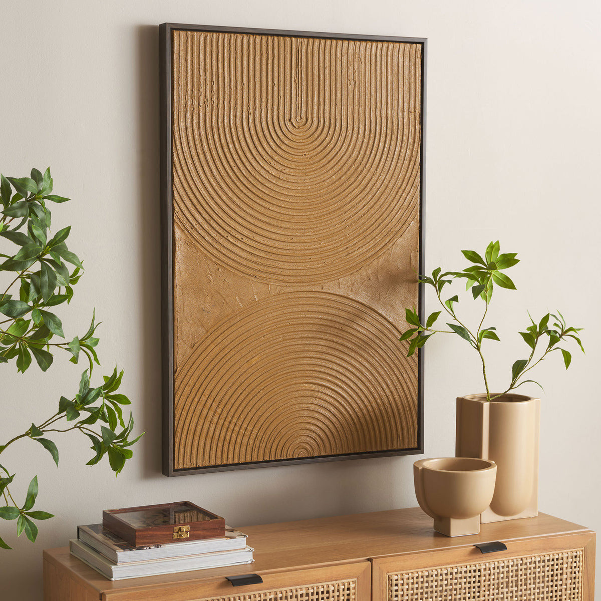 Sculpted copper-toned arcs add warmth and texture above a wood console. || WLA3029A || front_angle_room