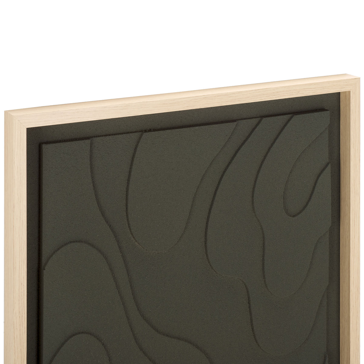A natural wood frame borders charcoal artwork with flowing, raised contours. || WLA3031A || detail_studio