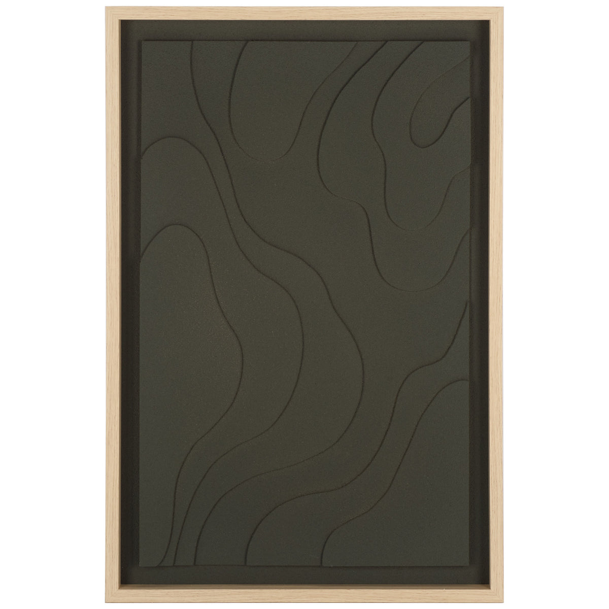 Curving lines lend movement to charcoal wall art in a pale wood frame. || WLA3031A || front_studio